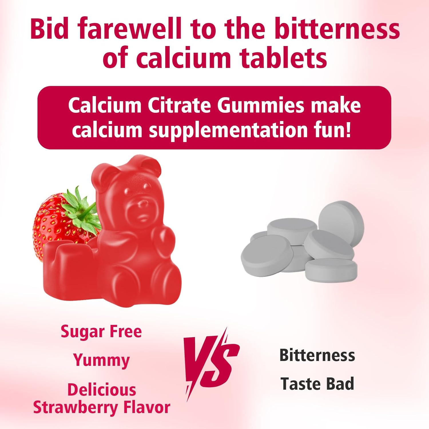 2 Packs High Absorption Calcium Citrate Gummies 1200mg - Bone & Teeth Support for Adults & Kids, Vegan Sugar-Free Gummies, Strawberry Flavor, 120 Count