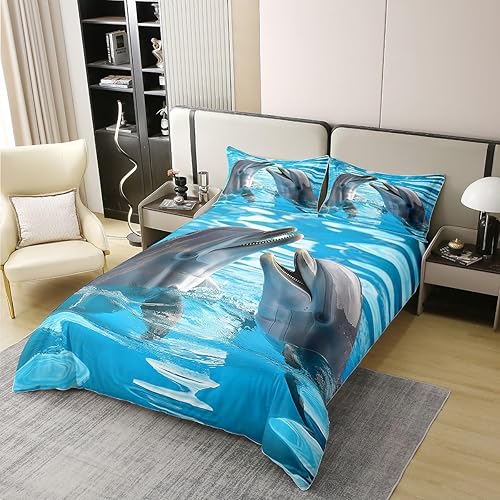 Miniatura 2 de Juego de ropa de cama 100% algodón para niños con delfín, linda funda de edredón con delfín, funda de edredón de vida marina, decoración de olas