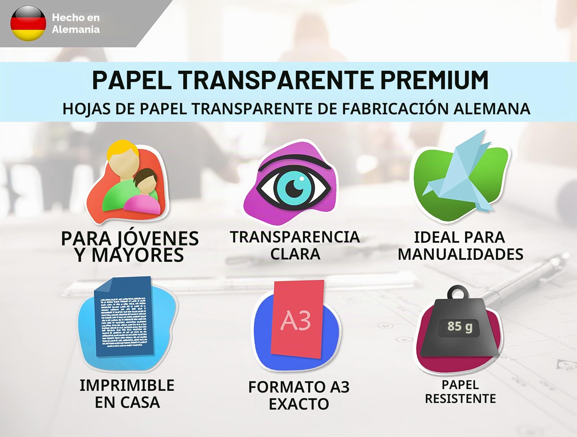 Papel transparente blanco transparente imprimible – DIN A3 – Hojas – Papel de calco para imprimir y hacer manualidades – Color blanco – CaIidad premium 85 g/m² – Fabricado en Alemania