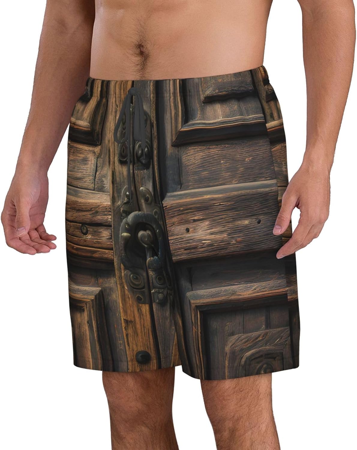 Mens Rustic Antique Wooden Door Print Beach Shorts,Casual Summer Shorts for Men,Quick Dry Polyester