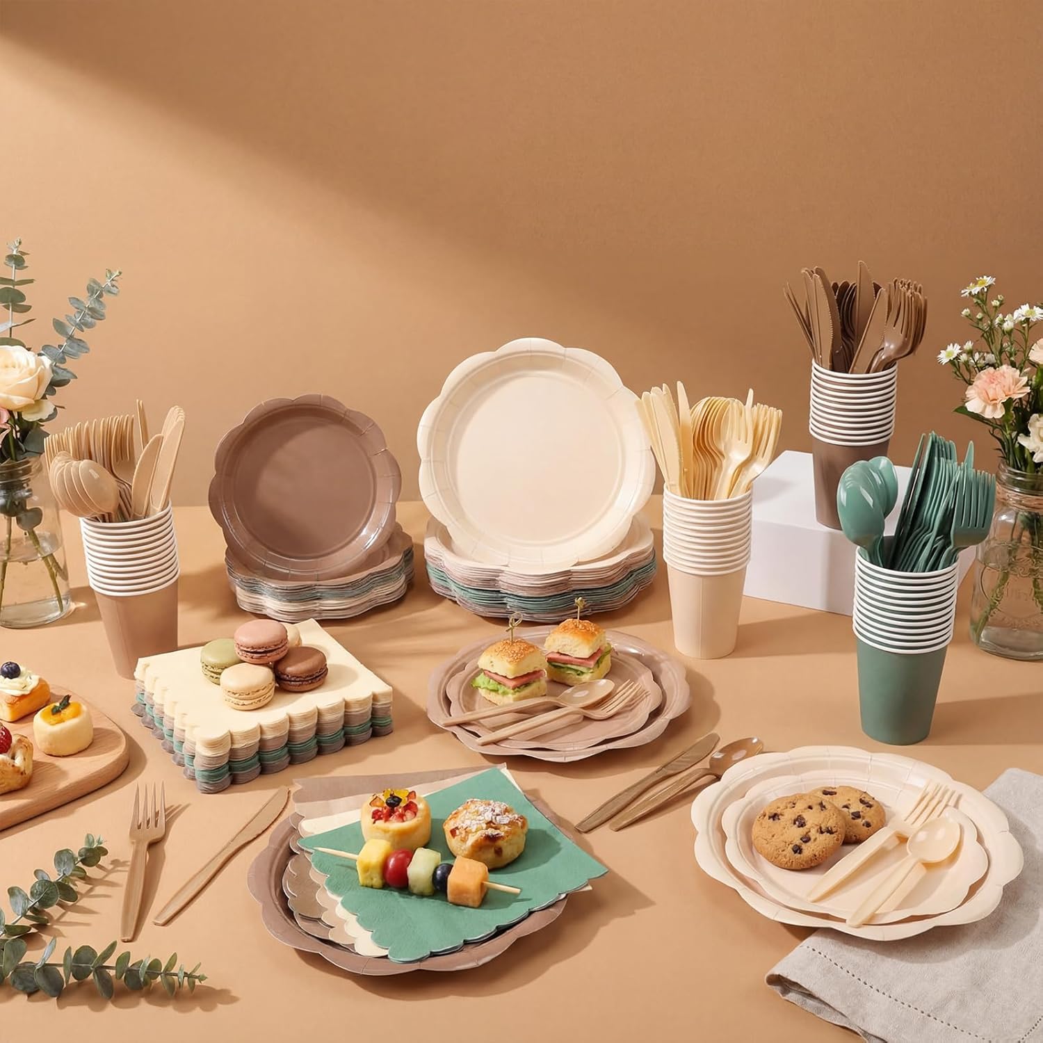 Qinyoung 388 Pcs Woodland Baby Shower Tableware Decorations Include Sage Green Brown Forest Scalloped Plate Paper Napkin Cup Plastic Cutlery for Safari Jungle Neutral Birthday Wedding, Serves 48