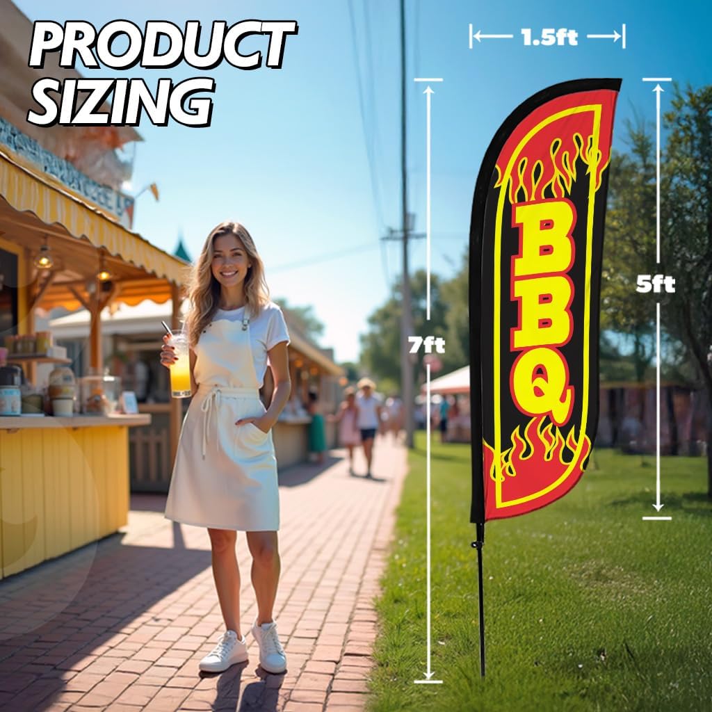 LookOurWay Feather Flag Pole Kit - 7 Feet Tall Advertising Banner with Fiberglass Pole Set and Ground Spike for Business Promotion - Food Flags - BBQ