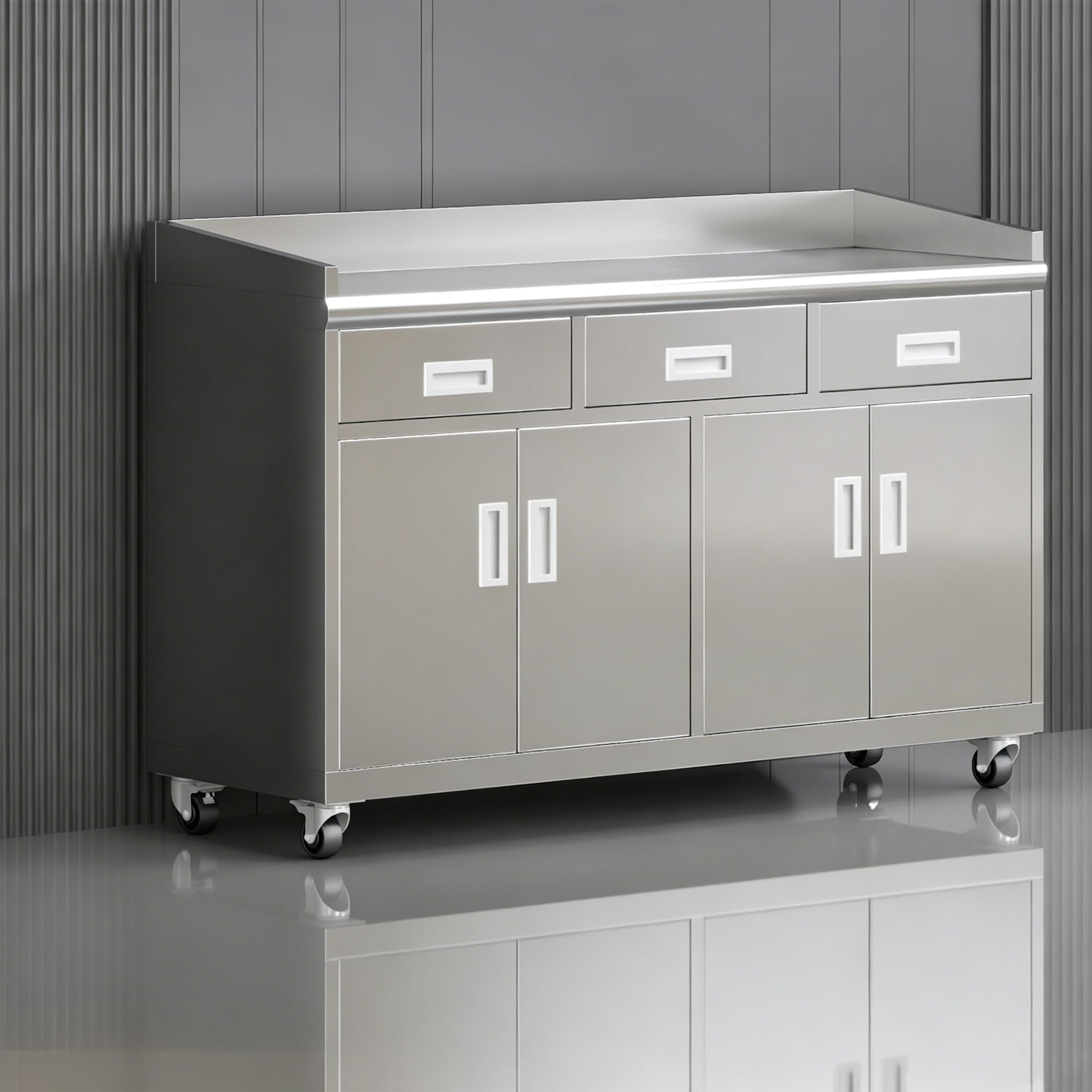 KIBONCY 304 Stainless Steel Buffet Cabinet, Lockable Kitchen Sideboard with Drawer & Adjustable Shelf, Multi-Purpose Prep Station Storage Cupboard for Household(B,1500)