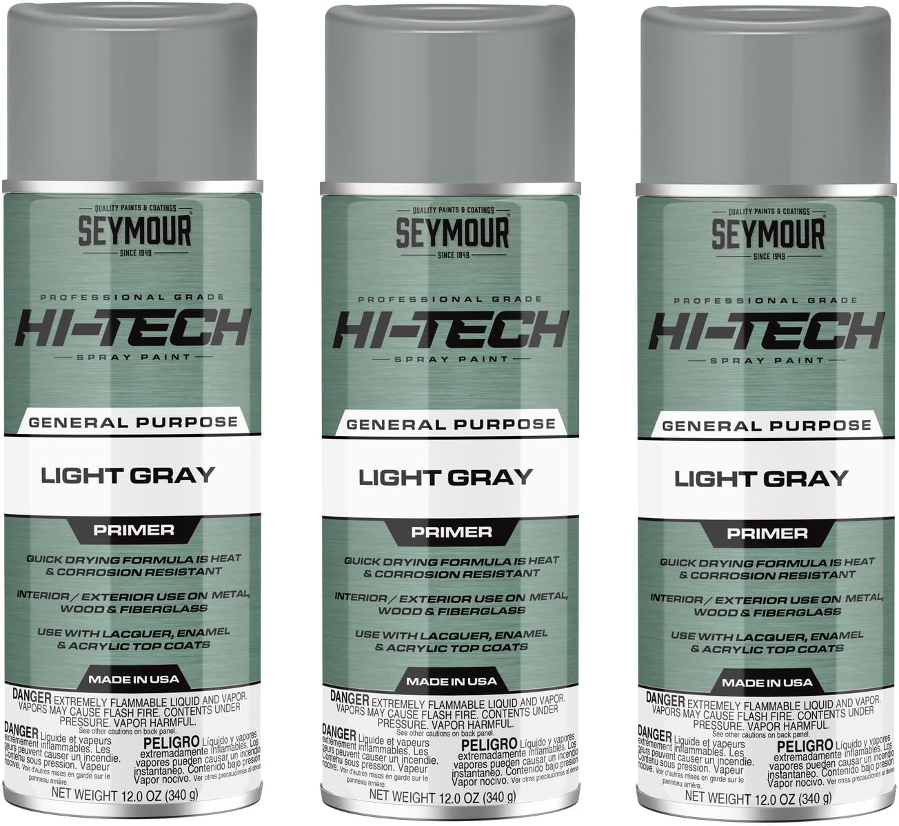 16-831 Seymour Hi-Tech Primer Spray Paint—Light Gray (12 oz, 3-Pack / 36 oz Total) | Durable General Purpose Primer for Metal, Wood & Fiberglass