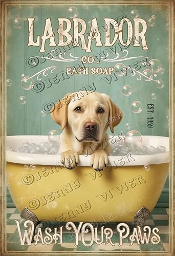 Labrador Retriever Wash Your Paws - Letrero de metal vintage de aluminio de 5.5 x 8 pulgadas, decoración retro de baño para perro, divertido regalo