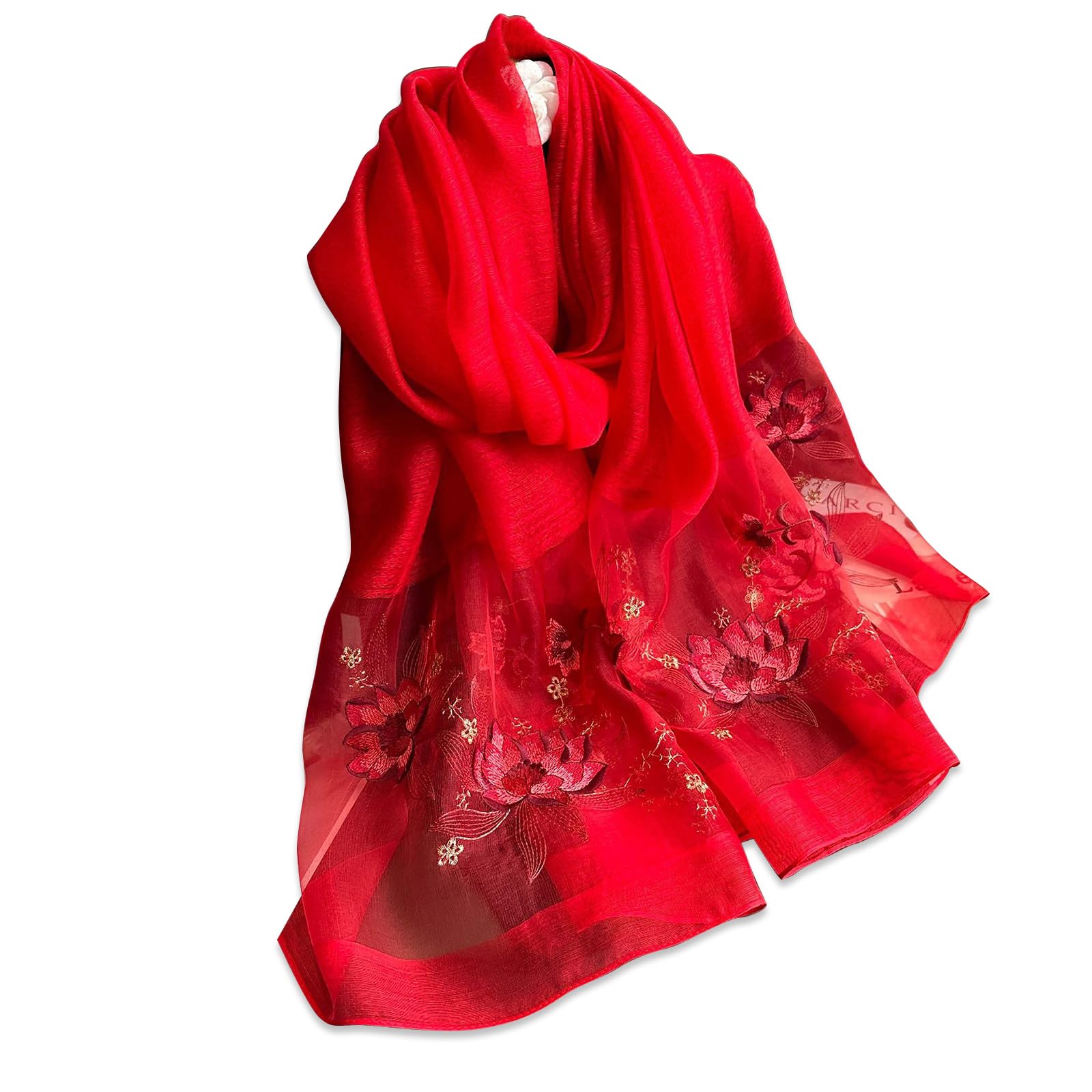 LumiSyne Mulberry Silk Scarf Chiffon Scarf For Women Delicate Lotus Flower Embroidery Transparent Tulle Lightweight Soft Long Scarf Sunscreen Shawl Sheer Wrap Spring Autumn