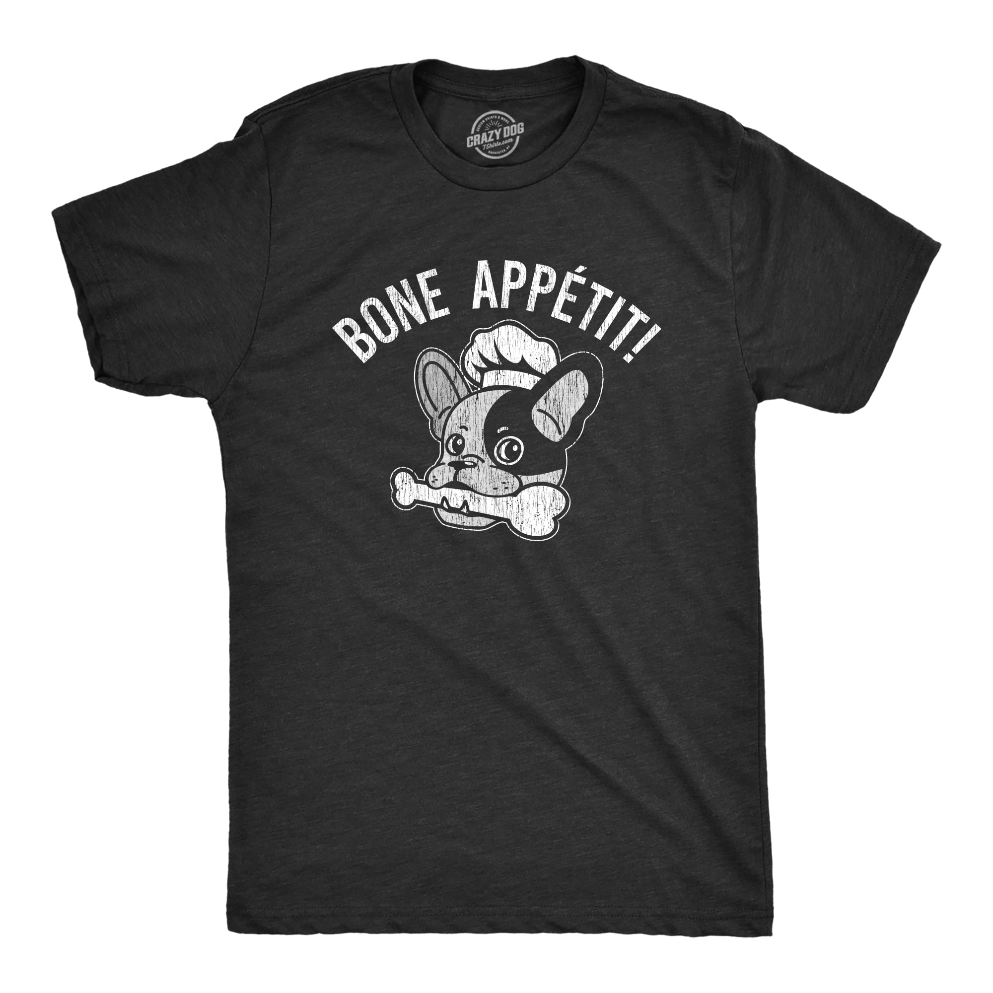 Crazy Dog T-ShirtsMens Bone Appetit T Shirt Funny Puppy Dog Cooking Chef Tee For Guys, Heather Black - BONE, XXL