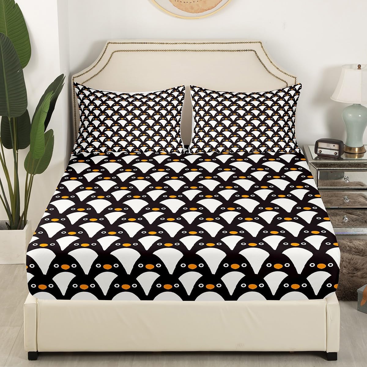 Kids Cartoon Penguin Sheet Queen Size,Arctic Snow Animals Bedding Set for Teens Girls Boys,Kawaii Wildlife Black White Cute Bed Sheet Set 4pcs (Deep Pocket Fitted Sheet + Flat Sheet + 2 Pillowcases)