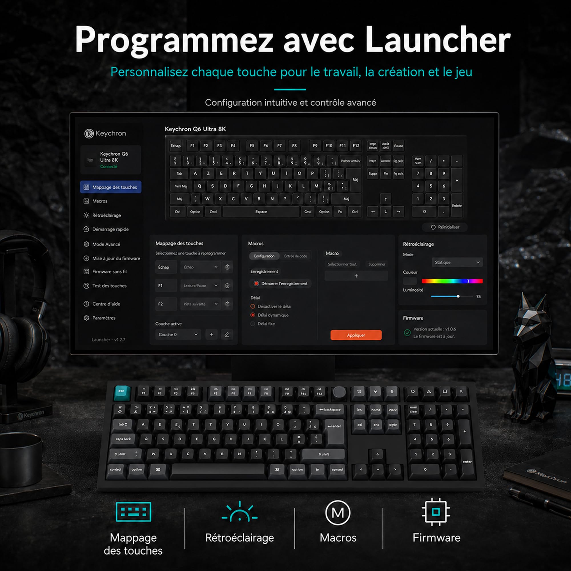 Keychron Q6 Ultra Clavier Mécanique sans Fil Aluminium 8K Polling Rate AZERTY, 2.4 GHz/Bluetooth/Fil Pleine Taille RGB Personnalisable, Hot-Swap Pom Rouge Switch pour Mac Windows Linux - Noir