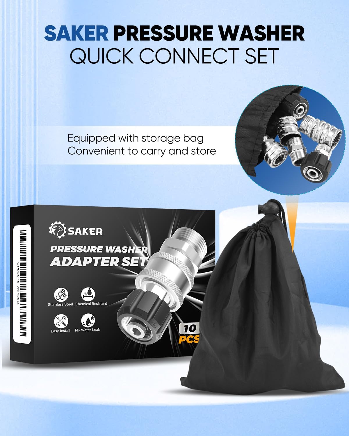 Saker Pressure Washer Hose Connector Set 10 PCS,Hose Adapter Set,Pressure Washer Connector Accessories,M22-14 Swivel to 3/8'' Quick Connect, 3/4" to Quick Disconnect,Quick Connect Set with Storage Bag
