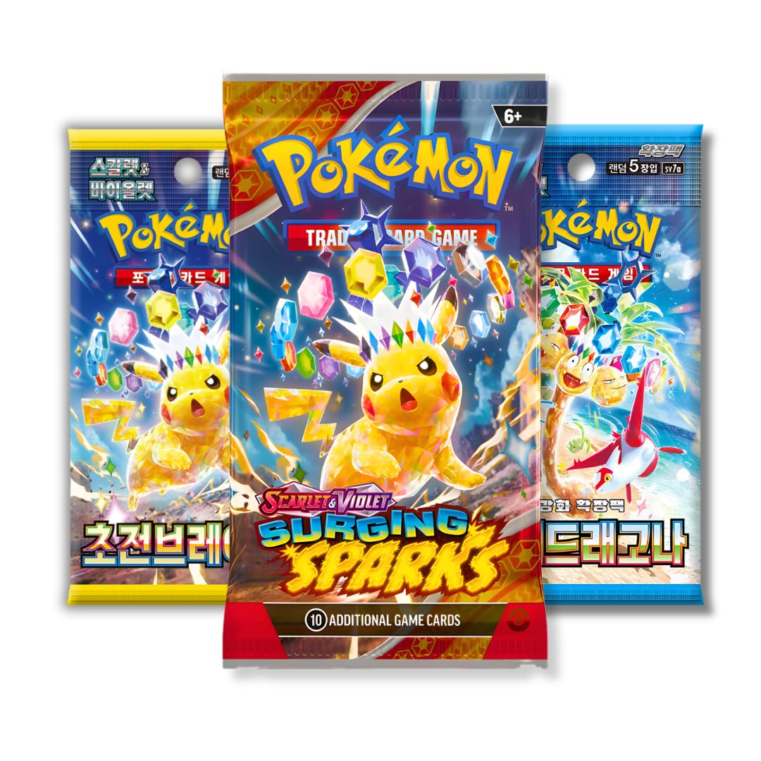 Pokemon Surging Sparks Mixed Language Booster Pack Bundle – 1 English Surging Sparks Booster Pack + Korean Paradise Dragona + Super Electric Packs Imported by That Mouse Fashion