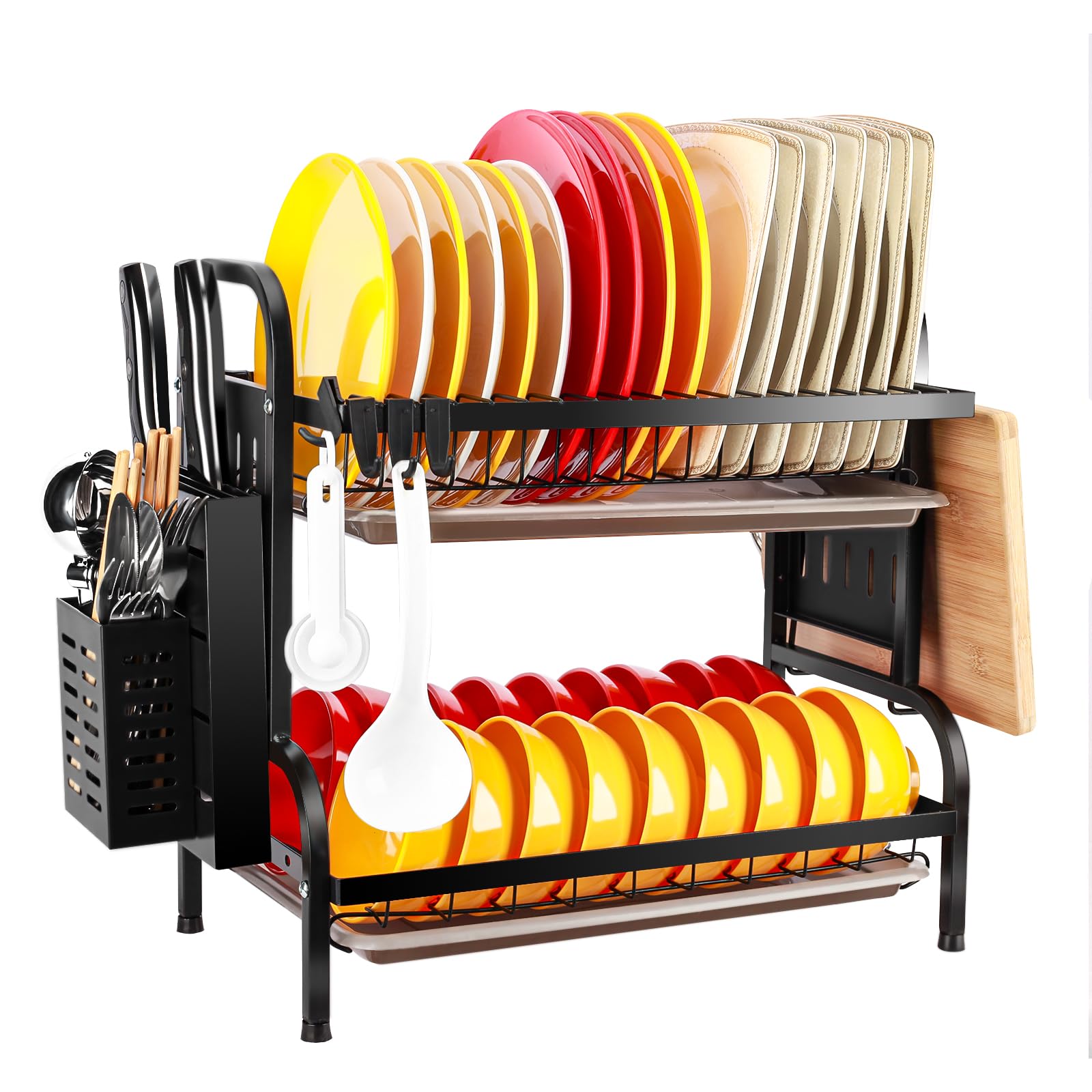 Dish Drying Rack for Kitchen Counter, 2 Tier Dish Drainer for Dishes, Black Dish Drying Rack with Drain Board, Featuring Utensil Drainers, and Cutting Board Holder