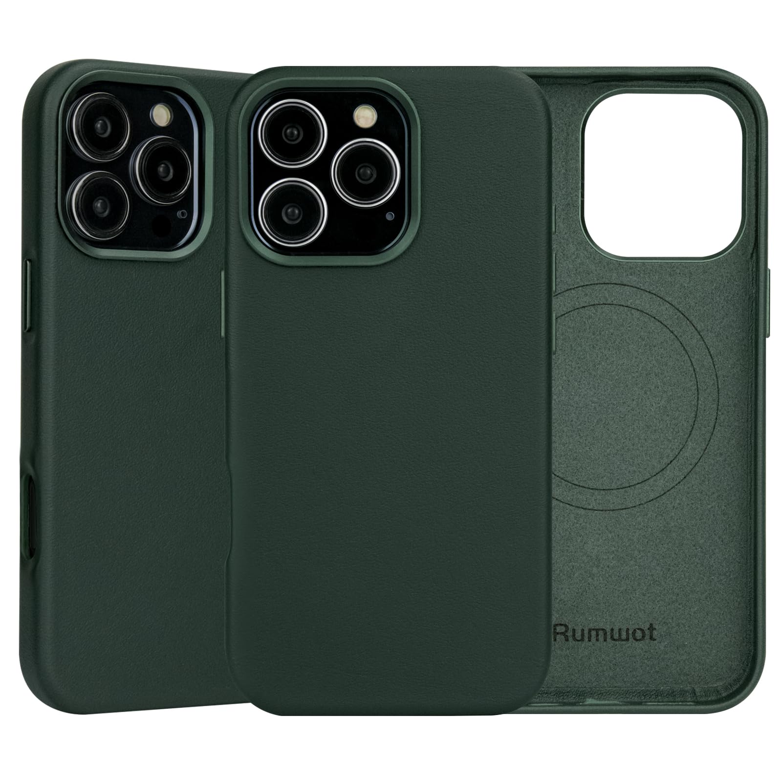 Rumwot Genuine Leather Case for iPhone 16 Pro Green, Slim Fit Magnetic Phone Protective Cover Compatible with Magsafe - Full Grain Leather - Metal