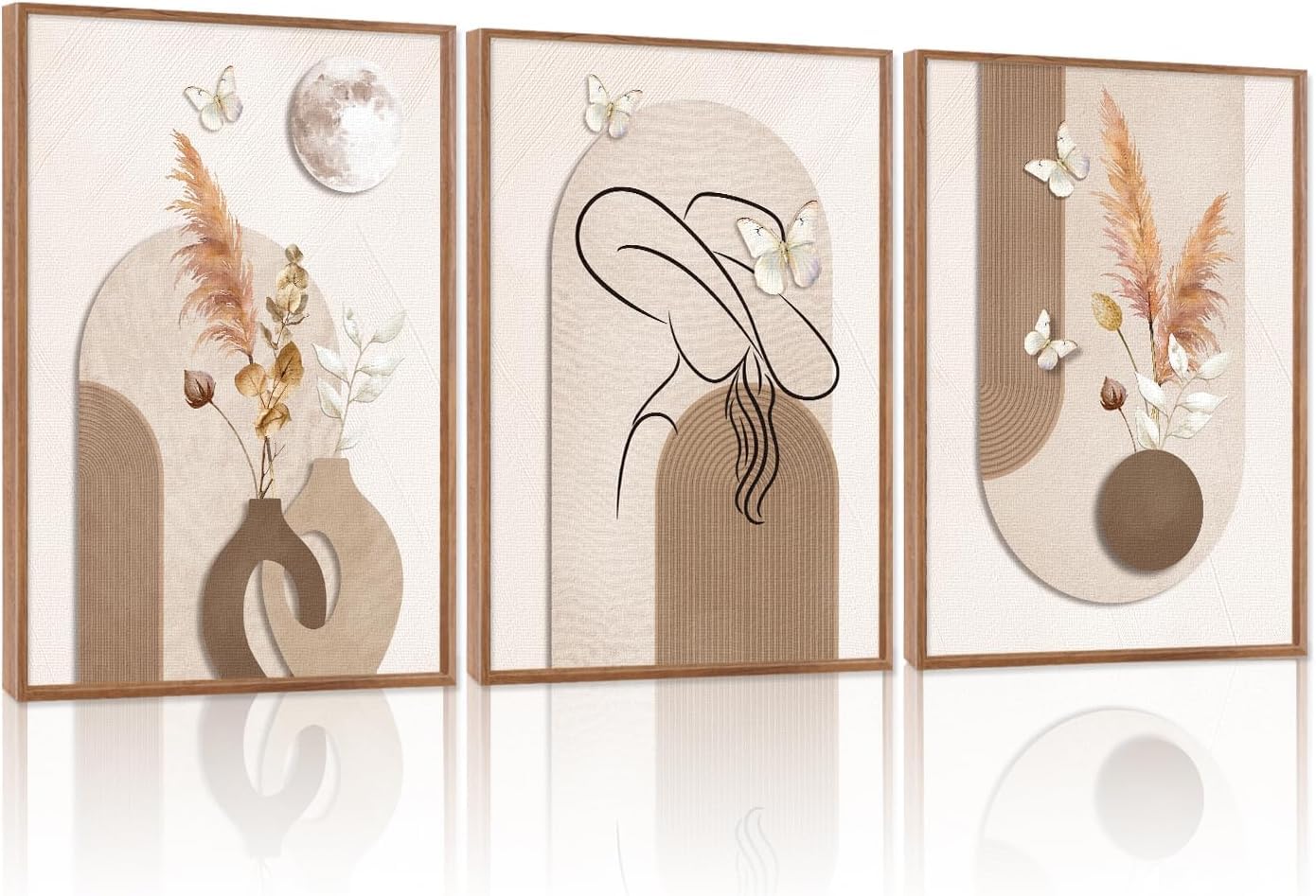 CHDITB Juego de cuadro boho de hierba de las Pampas, mariposa, arte de líneas minimalistas