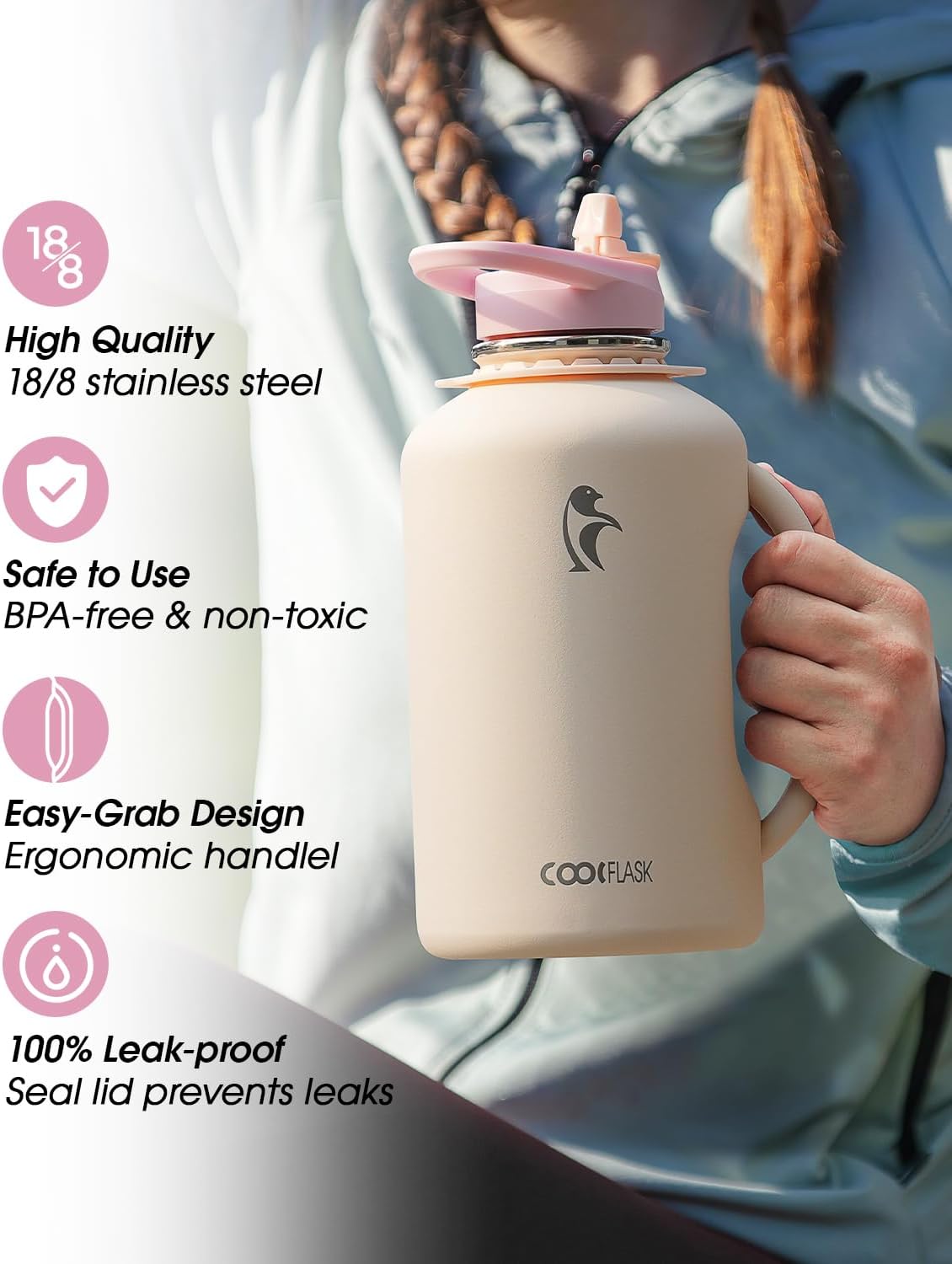 Coolflask 64oz Insulated Water Bottle, Half Gallon Water Jug With Handle Straw Stainless Steel Double-Walled Vacuum Metal Large Flask With Strap Non-BPA Leakproof, Keep Cold 48 Hrs, Apricot Pink - Image 5