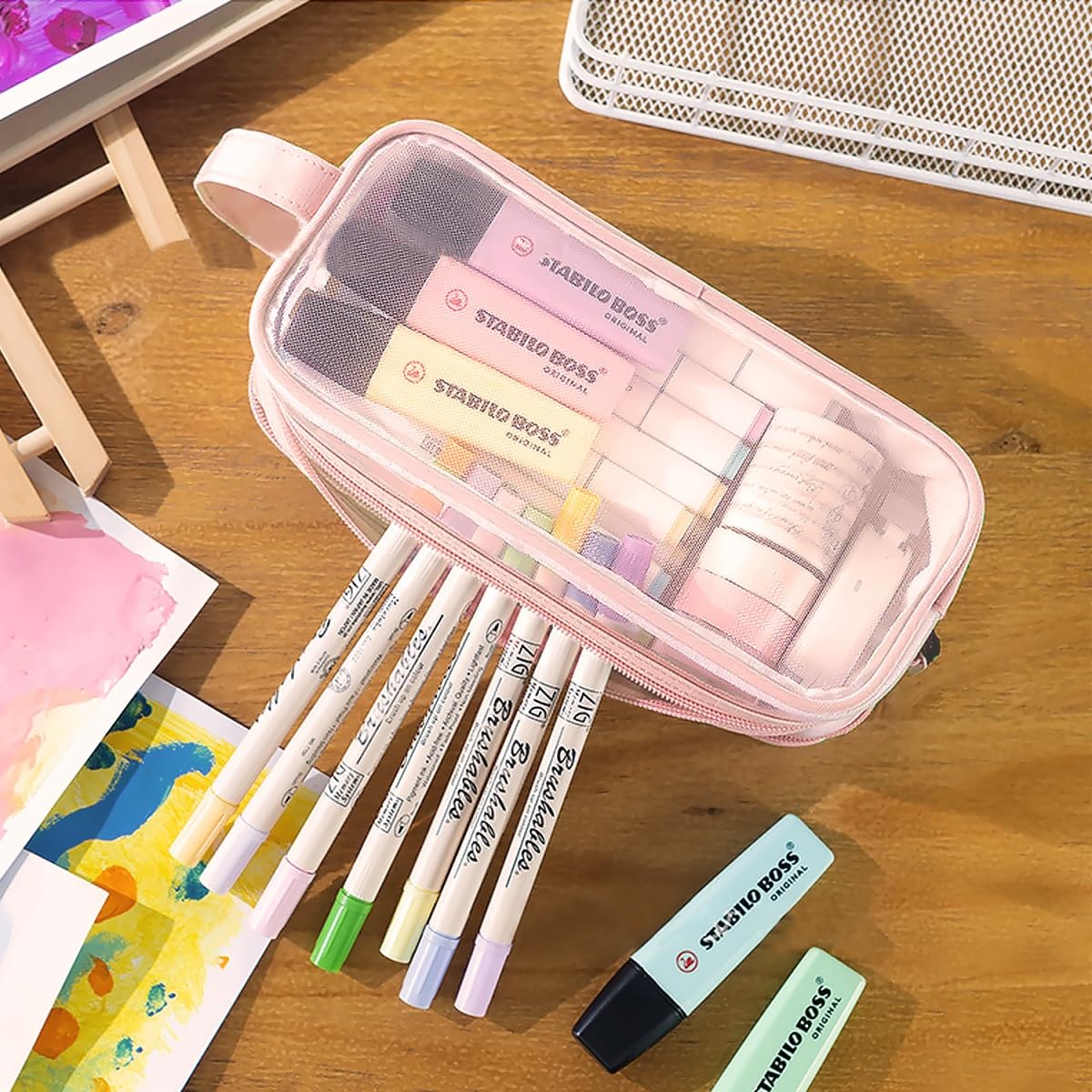 MAMUNU Clear Pencil Case for Exams Large Capacity Transparent Mesh Pencil Case with 2 Compartments Zipper - Image 2
