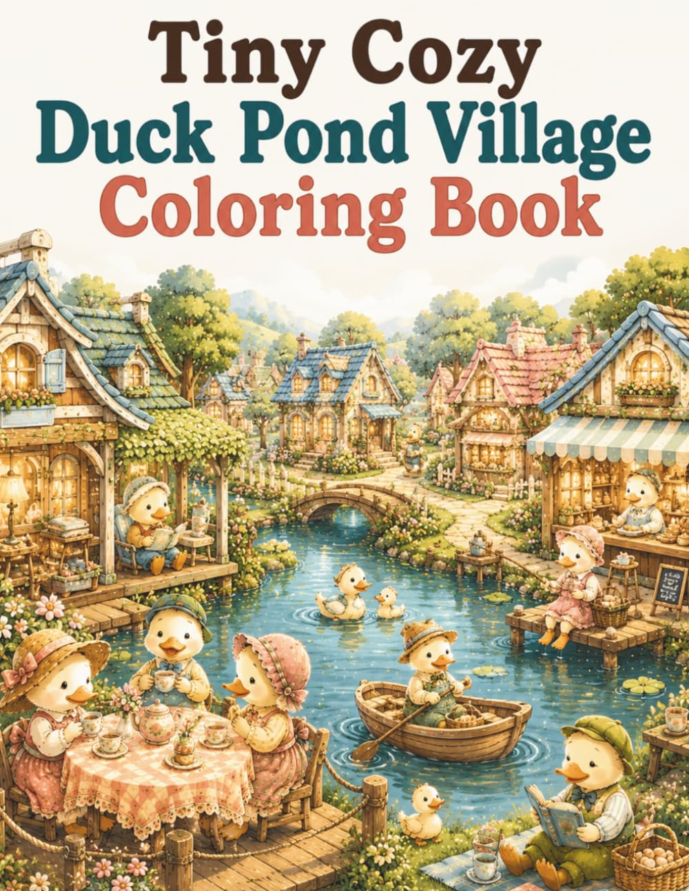 Tiny Cozy Duck Pond Village Coloring Book: Cute and Easy Duck Coloring Pages Featuring Pond Villages, Lakeside Cottages, Tea Parties, Garden Paths and Relaxing Cottagecore Scenes for Adults and Teens