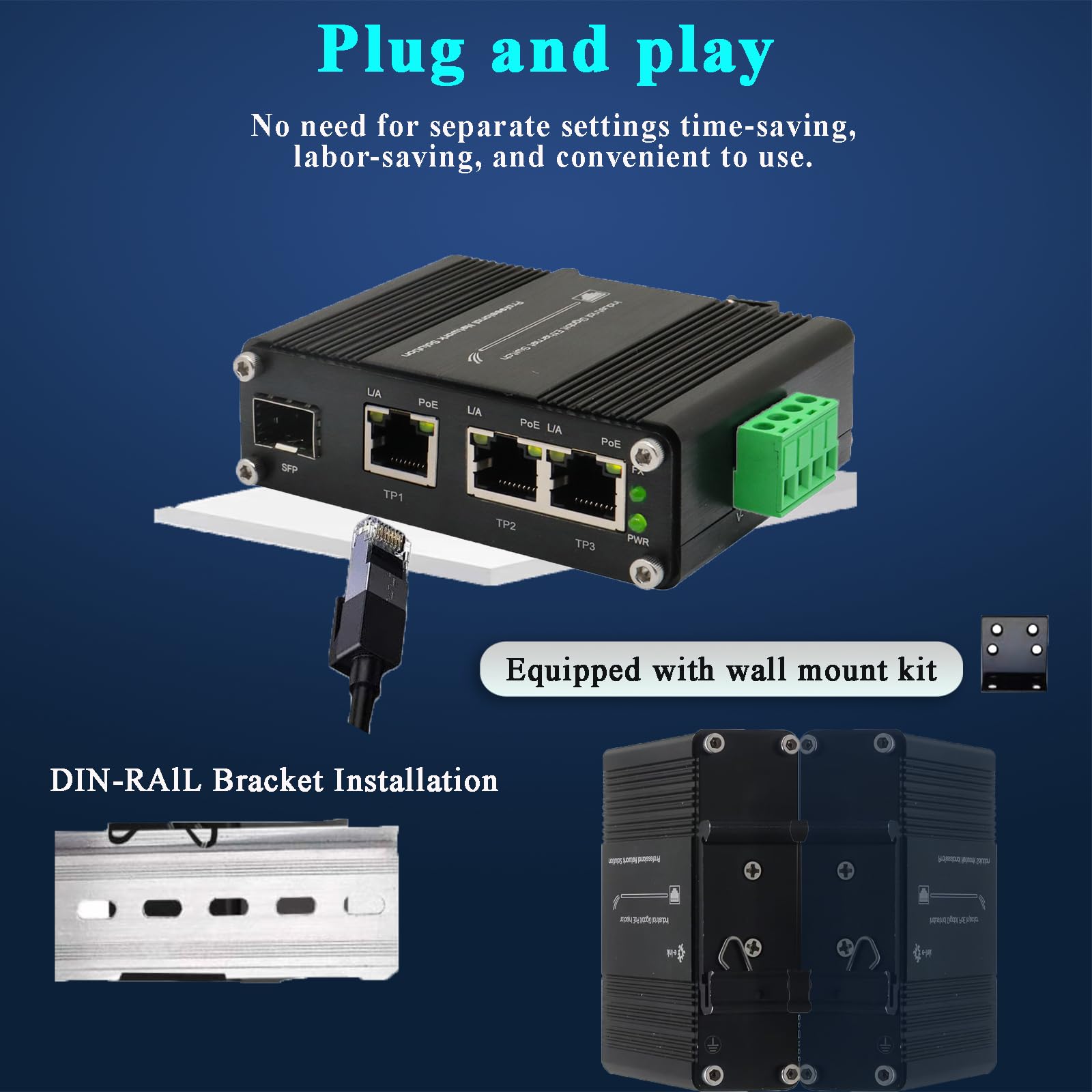 Switch industriale a 3 porte Gigabit PoE+ con slot SFP 12-48VDC Ingresso ad ampia tensione DIN e montaggio a parete da -40°C a 75°C RJ45 temprato 10/100/1000Mbps 802.3at 30W/Port Ethernet Switch