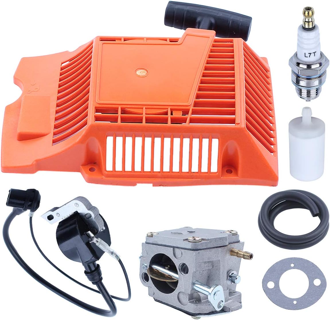 Recoil Starter Chainsaw Carburetor Ignition Coil Kit for HUSQVARNA 268 266 272 272XP with Fuel Hose Filter, Spark Plug, Fuel Filter, Carb Gasket, Replacement Parts for 503102405, 503615571, 503901401