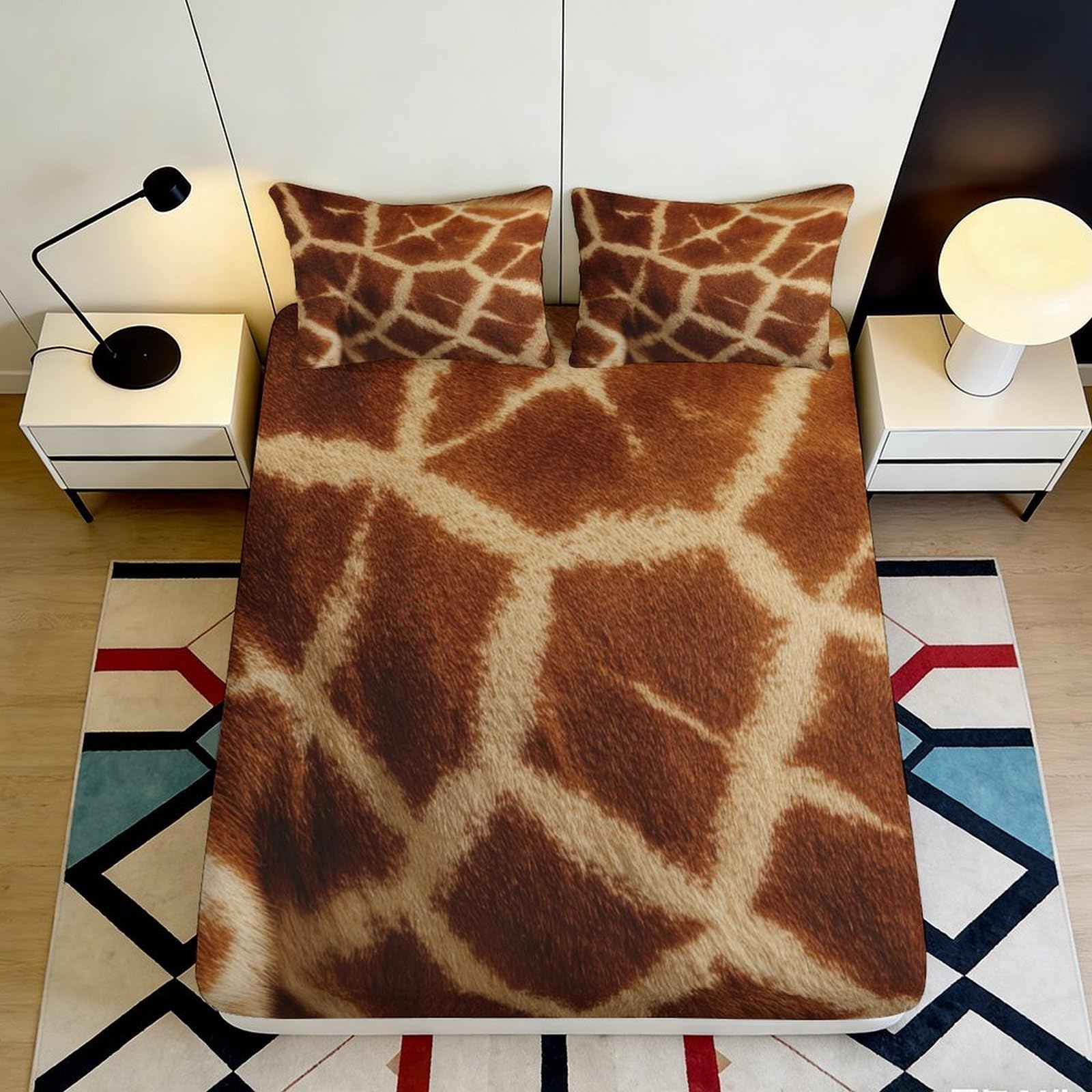 3D Printed Giraffe Pattern Fitted Sheet Microfiber Non Slip Mattress Cover Animal Print for Bedroom Guest Room 140x200x25cm