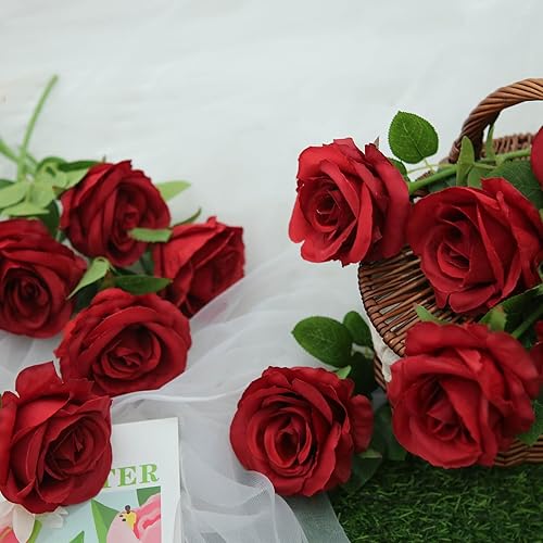 Miniatura 5 de Felice Arts Paquete de 12 rosas artificiales color burdeos con tallos de seda para el día de San Valentín, boda, jarrón de mesa, centro de mesa,
