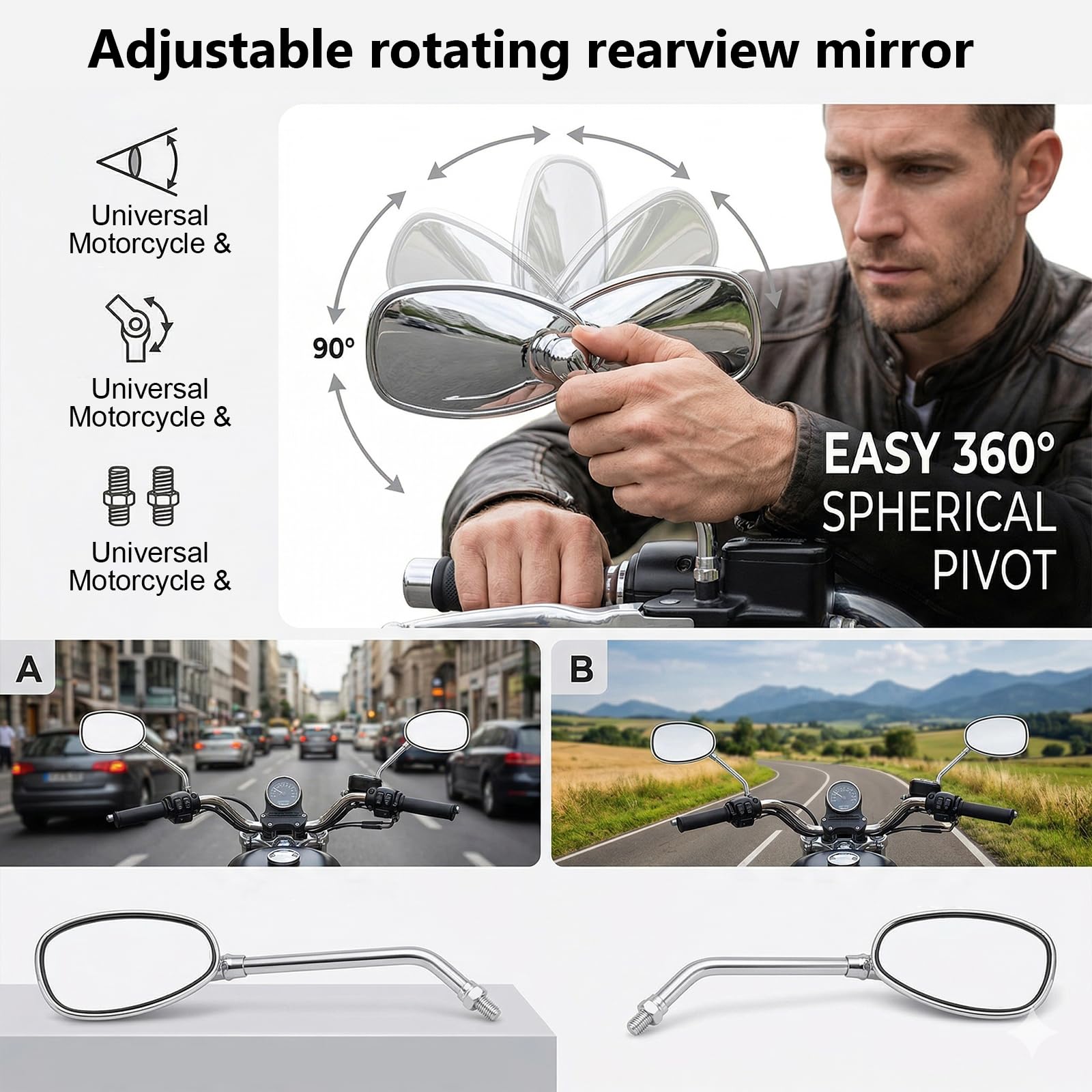 Specchietti Laterali Moto M10 M8, Specchietto Retrovisore Cromato Universale, Compatibile con Yamaha Bobber ATV Street Bike Cafe Racer Sport Cruiser Chopper