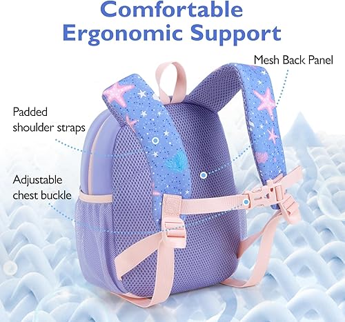 Miniatura 4 de mommore Mochila de neopreno para niñas de 2 a 4 años con correa para niños, caricaturas 3D para preescolar y jardín de infantes, sirena