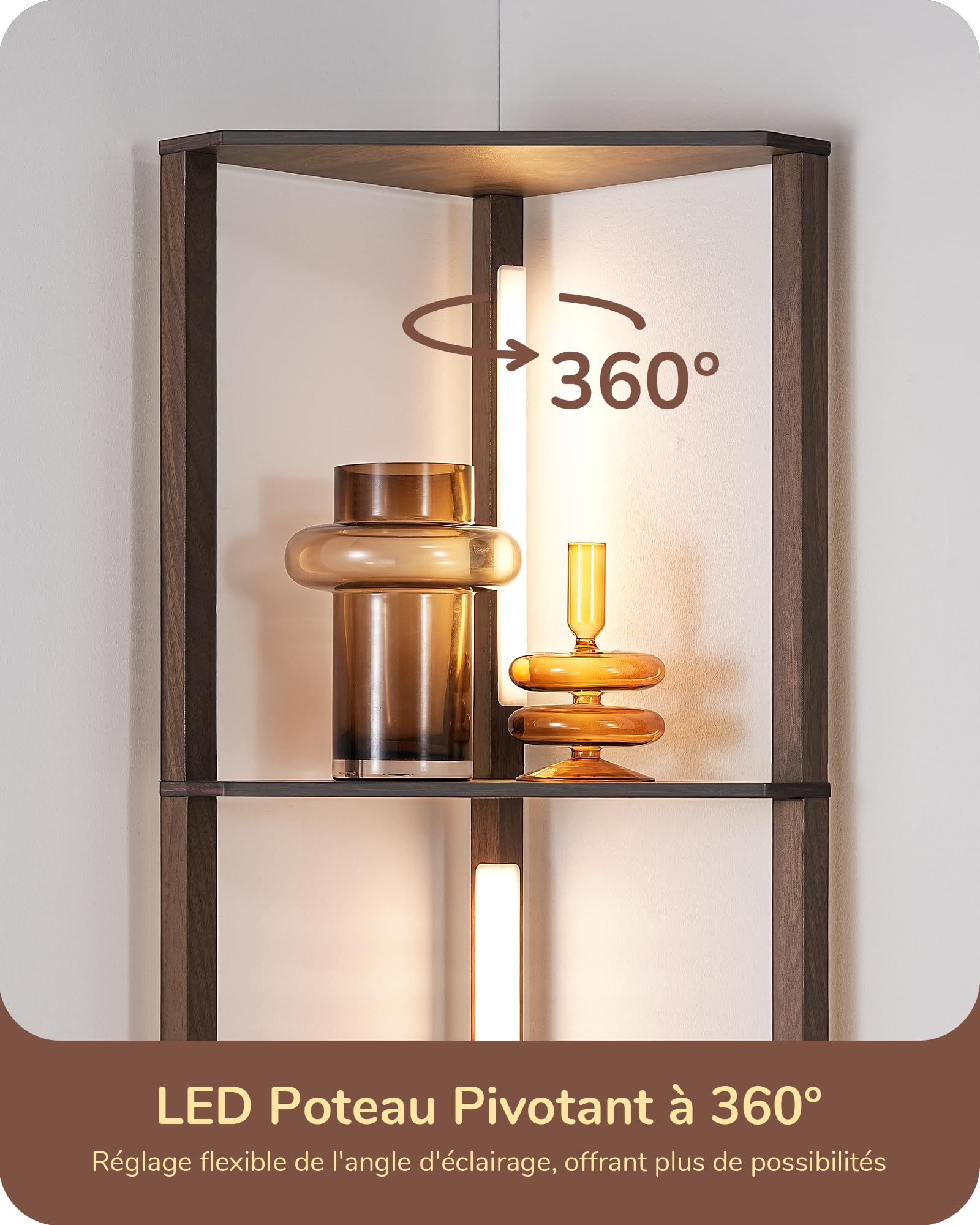 EDISHINE Lampadaire sur Pied Salon avec Étagères, Dimmable en Continu, 3 Températures de Couleur, Interrupteur a Pédale, Étagère d'Angle avec Lampe LED pour Salon, Chambre, Bureau, Noyer Foncé