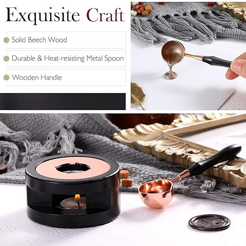 Miniatura 3 de Roylvan Kit de sellado de cera, calentador de cera con mango de madera de pera, varillas de cera, cuentas de cera para horno de fusión, herramienta