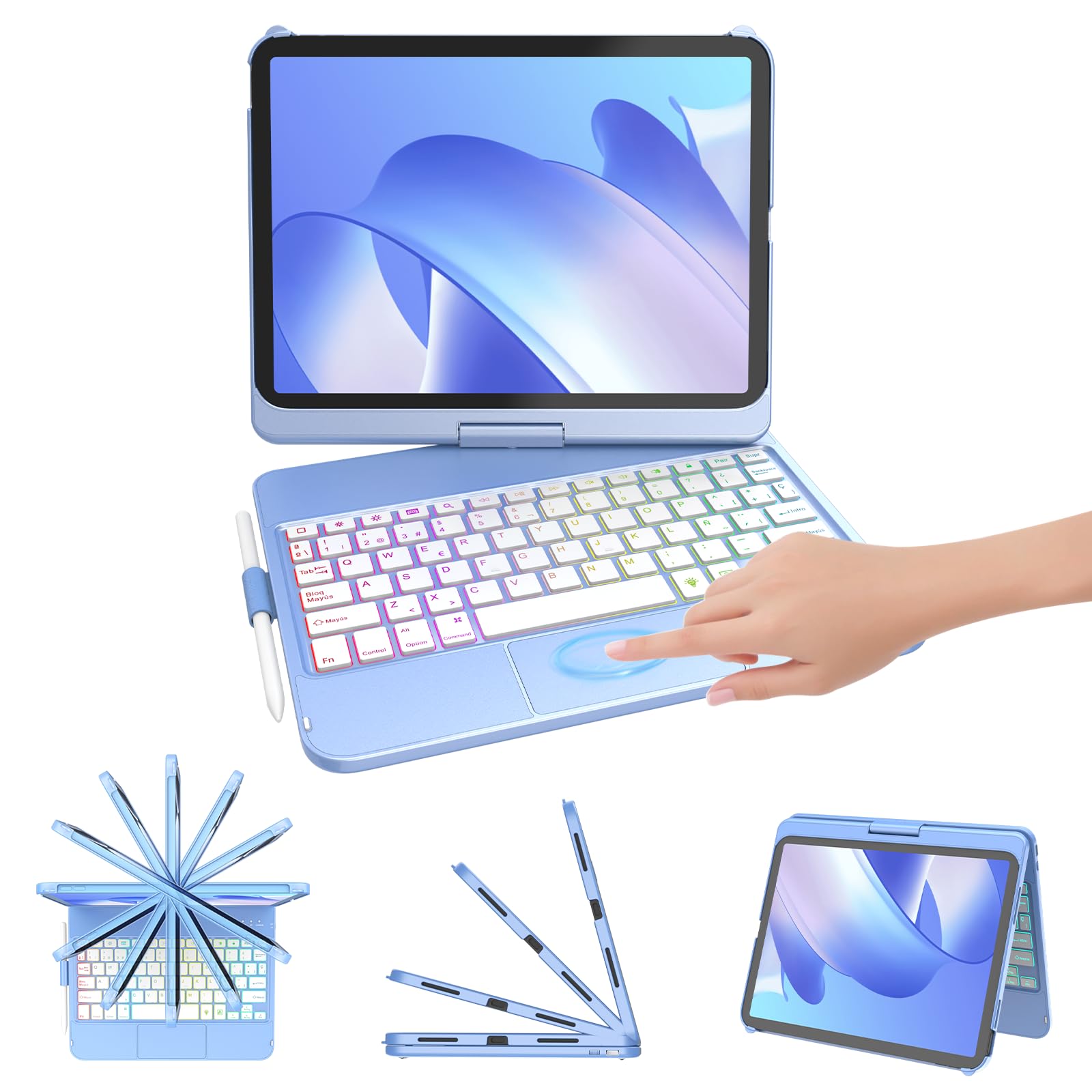 FUWANG Funda con Teclado para iPad A16 11ª Generación 2025 | 360° Rotable,Retroiluminado con Soporte para Lápiz,Funda Teclado iPad 11 Generacion Global Recycled Standard Global Recycled Standard Global Recycled Standard
