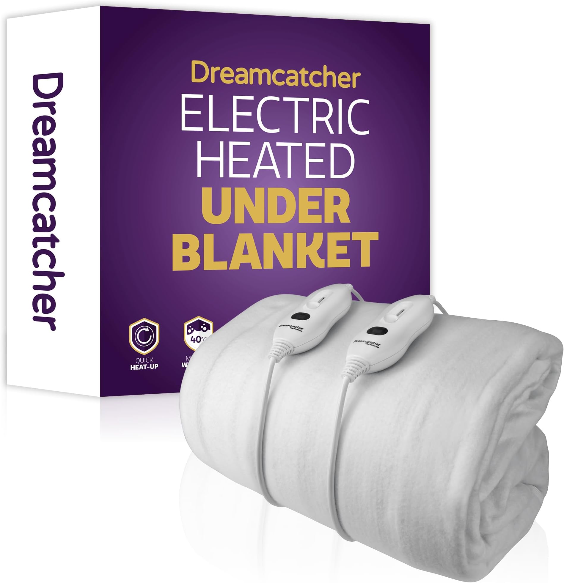 Dreamcatcher Double Electric Blanket 193 x 137cm, Fully Fitted Soft Polyester Electric Blanket, Underblanket Mattress Cover, 3x Heat Settings, 2x Controllers and Machine Washable White Heated Blanket