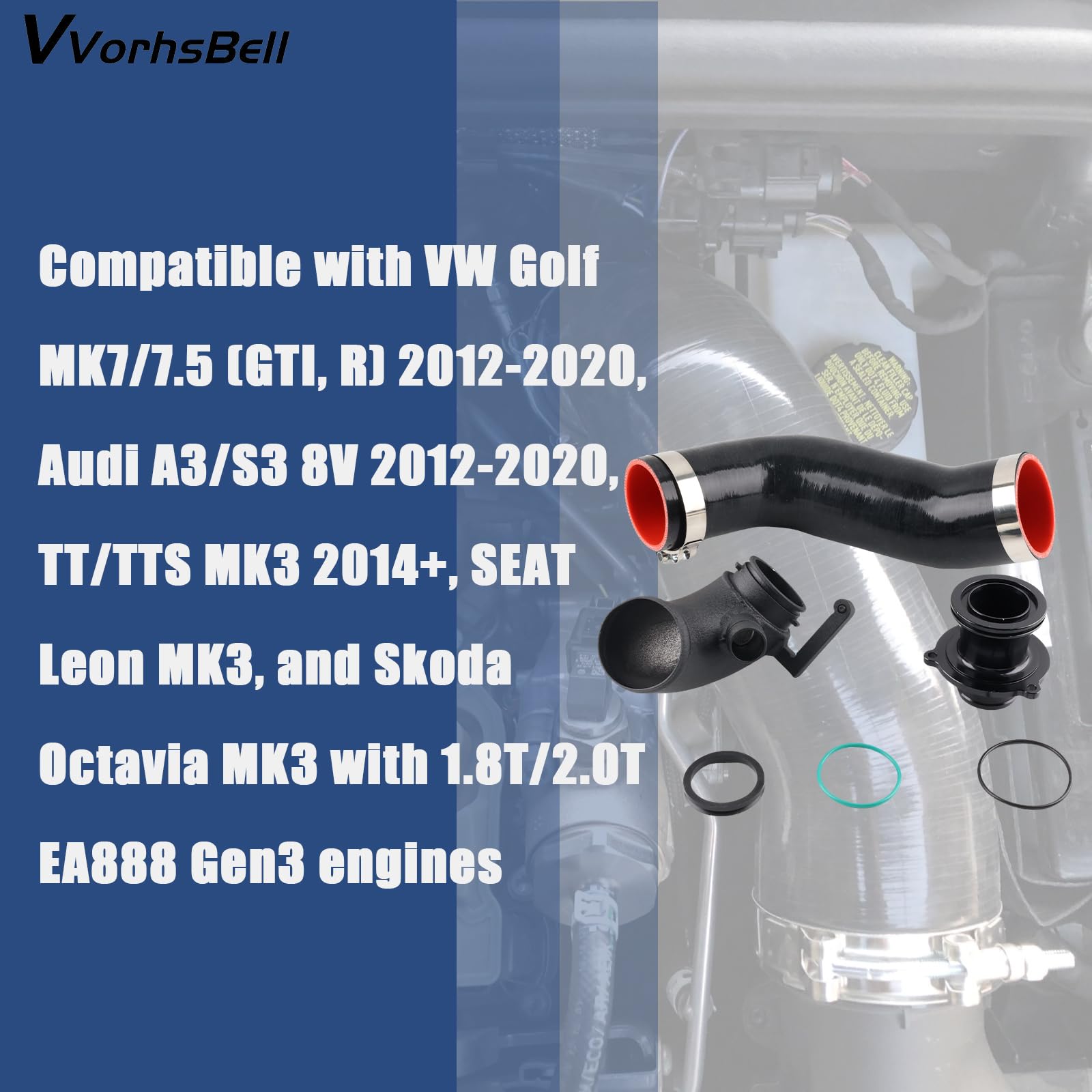 Turbo-Einlassrohr-Set, kompatibel mit VW Golf MK7/7.5 GTI R, Audi A3 S3 8V TT EA888 IS20 IS38 – High Flow Aluminium Ellenbogen & Silikonschlauch & Schalldämpfer löschen