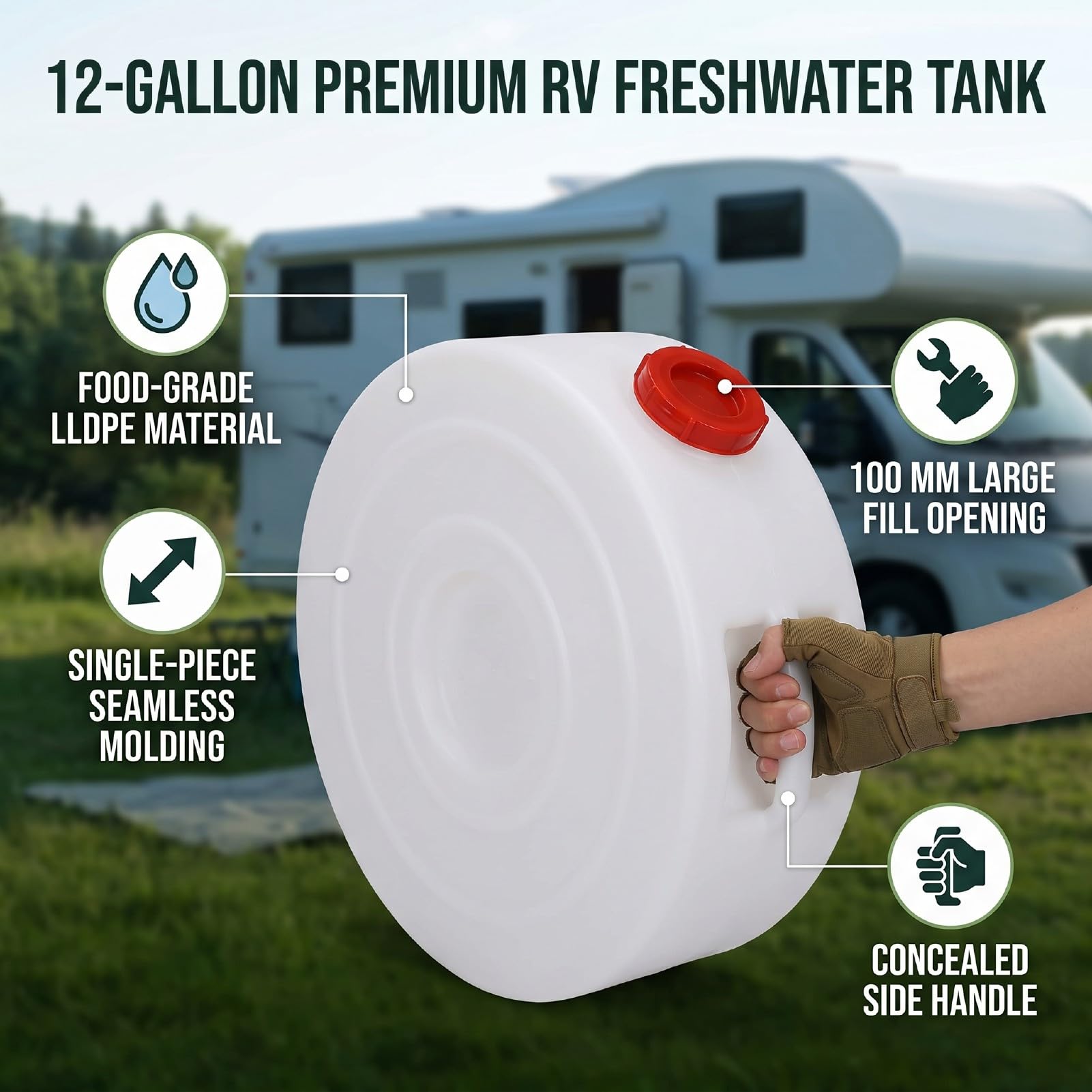 Yctze Wohnmobil-Wassertank, Süßwassertank, Wasserspeichertank, 12 Gallonen, 45 L, LLDPE in Lebensmittelqualität, Nahtlos, Auslaufsicher, mit Verstecktem Griff, 100 Mm Einlass