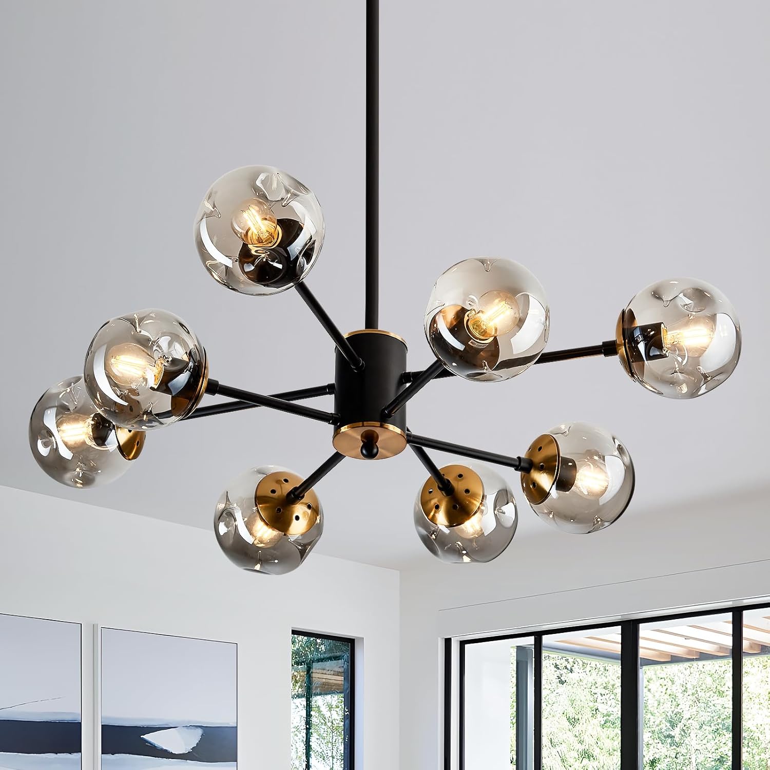 8-Light Sputnik Chandelier with Glass Globe Black and Gold Dinning Light Fixture Modern Mid Century Ceiling Light for Lliving Room Master Bedroom Kitchen 8 lights
