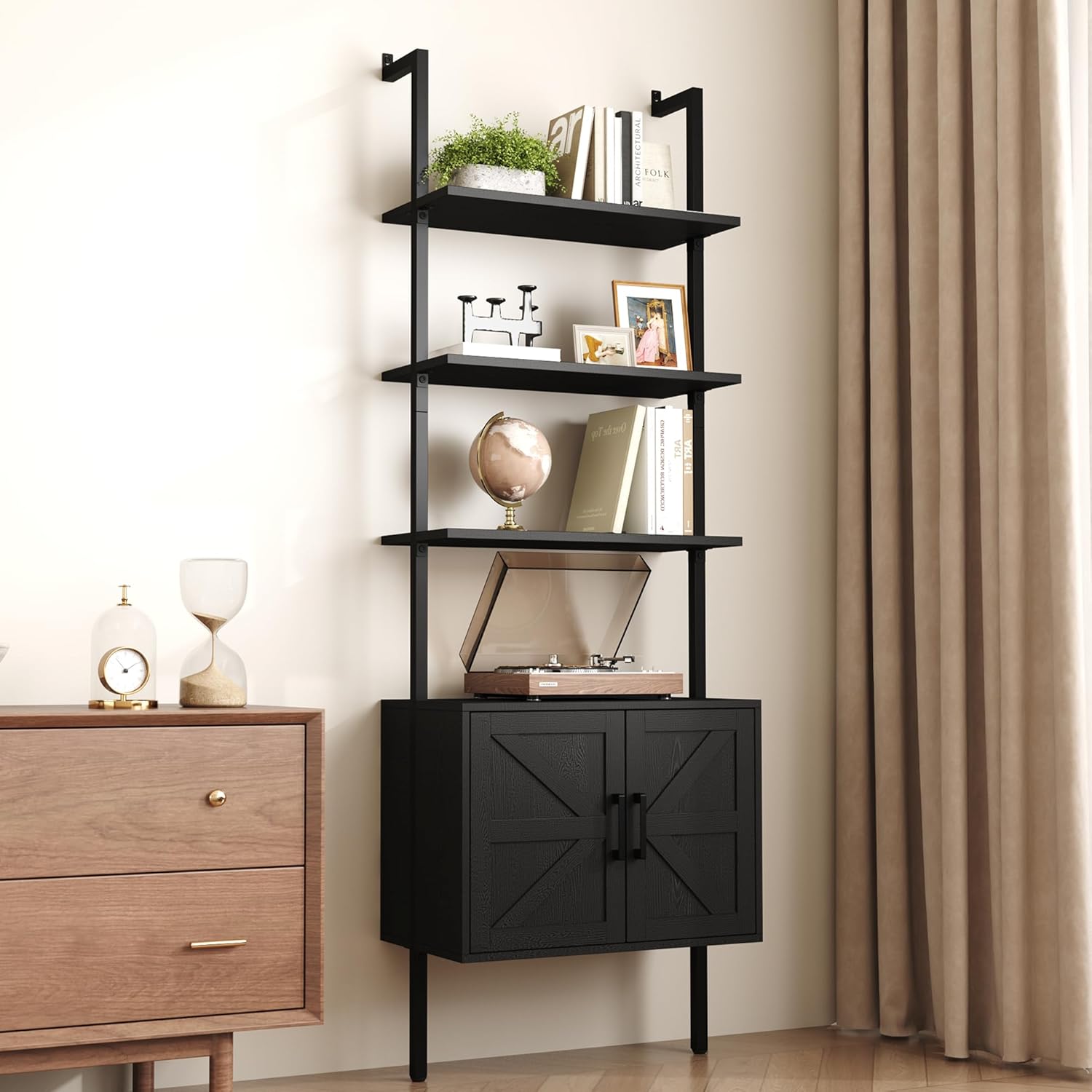 Yusong 73" Tall Bookshelf with Cabinet, Industrial Ladder Wall Mount Shelf Farmhouse Bookcase with Wood and Metal Frame, Plant Shelf Wall Storage Display for Living Room Bedroom, Farmhouse Black