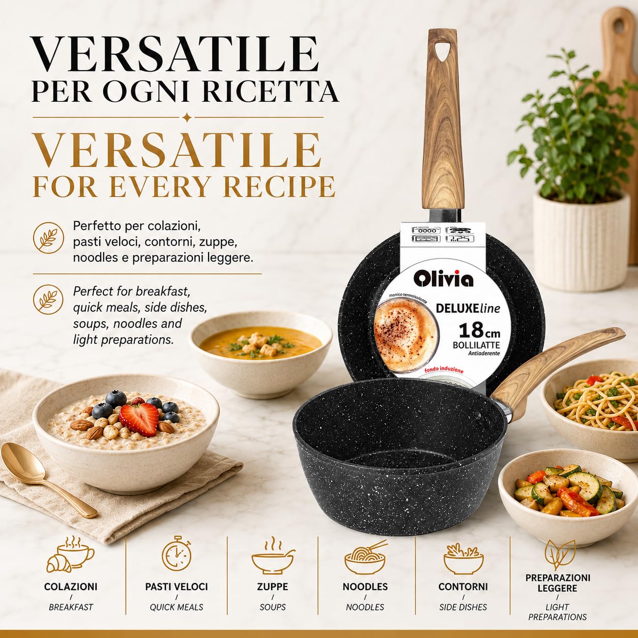 IPEA Pentolino Latte per Induzione Antiaderente - 18 CM - Elegante Pentolino Effetto Pietra - Casseruola per il Latte Piccola per Cucinare e Bollire Minestre, Verdure, Noodles - Bollilatte