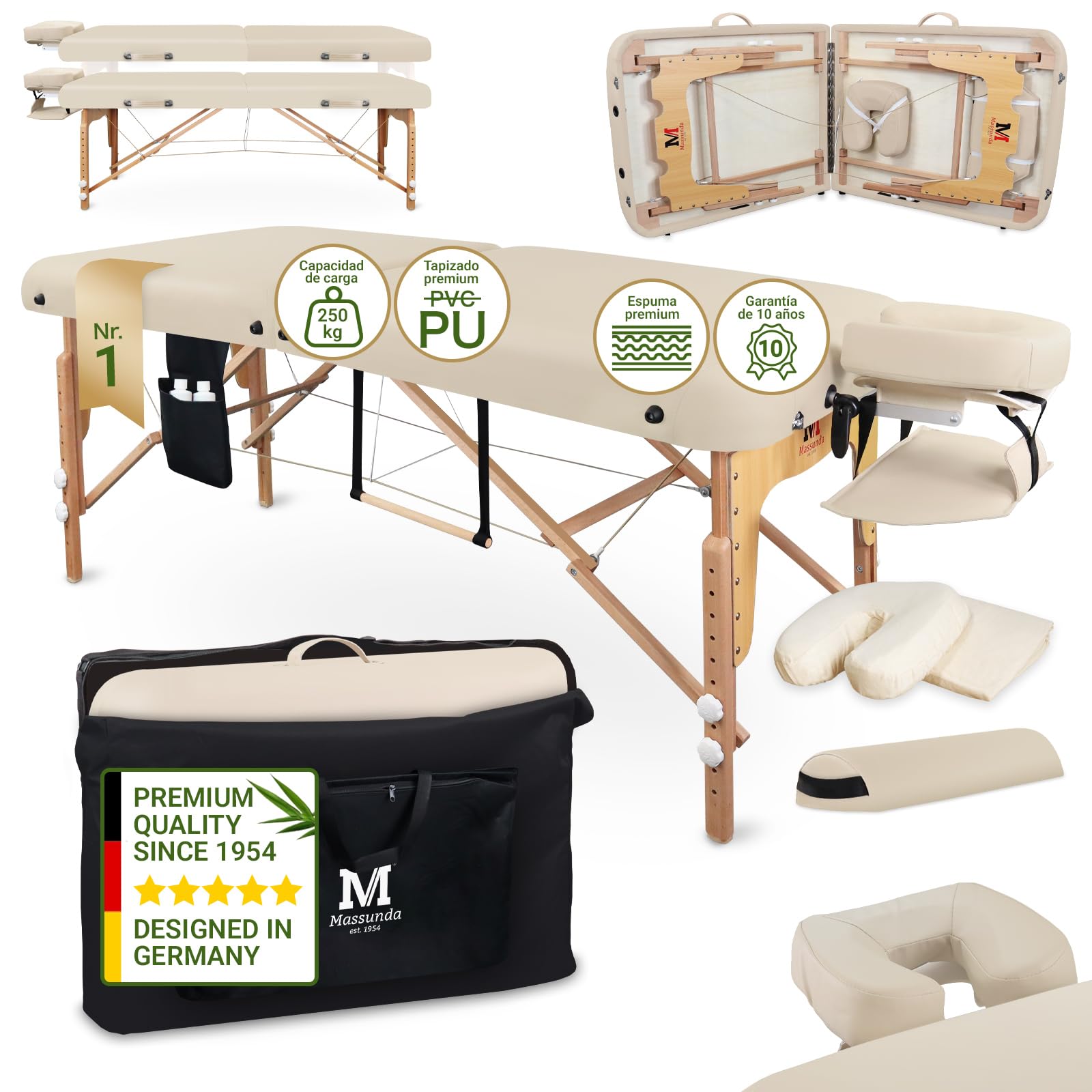 MASSUNDA - Camilla Masaje móvil Confort Deluxe Regulable en Altura - Camilla estetica Ancha de Madera Maciza - Camilla con reposacabezas ergonómico, Funda, reposabrazos, cojín (Negro) Crema