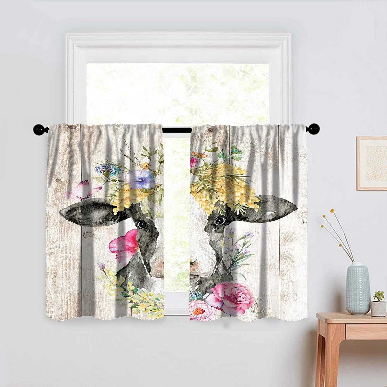 Short Curtains for Small Window, Rustic Funny Cow Print Soundproof Thermal Curtains 24 Inch Length, Room Darkening Rod Pocket Fabric Window Curtain 2 Panel Set, 30" W x 24" L