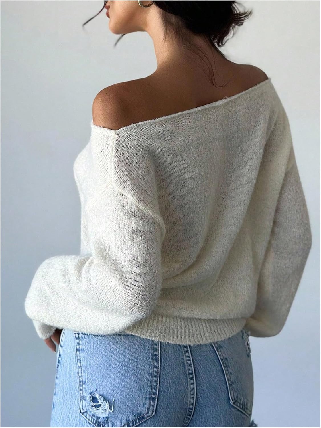 MakeMeChic Women's Off The Shoulder Sweater Tops Long Sleeve Knit Lightweight Fall Cropped Sweaters - Image 3