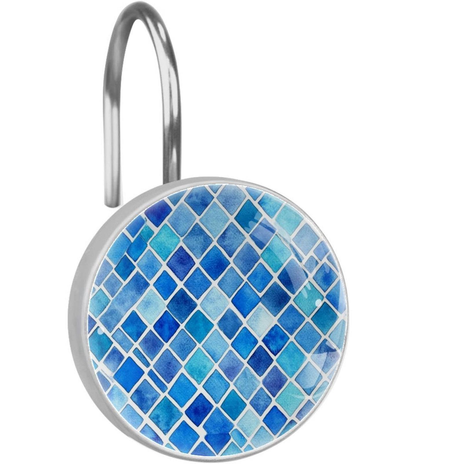 Crochets rideau de douche anti-blocage en verre mosaïque bleu aquarelle
