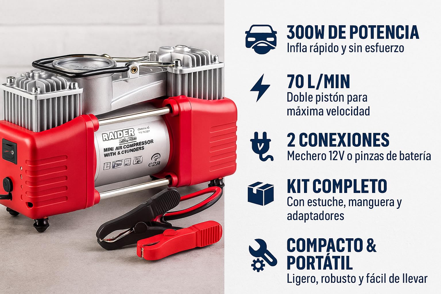 Compresor de Aire Portátil 12V 300W – 70L/min Doble Pistón con Manómetro, Conexión Mechero y Pinzas de Batería, Incluye Estuche con Accesorios – Para Coche, Moto y Furgoneta