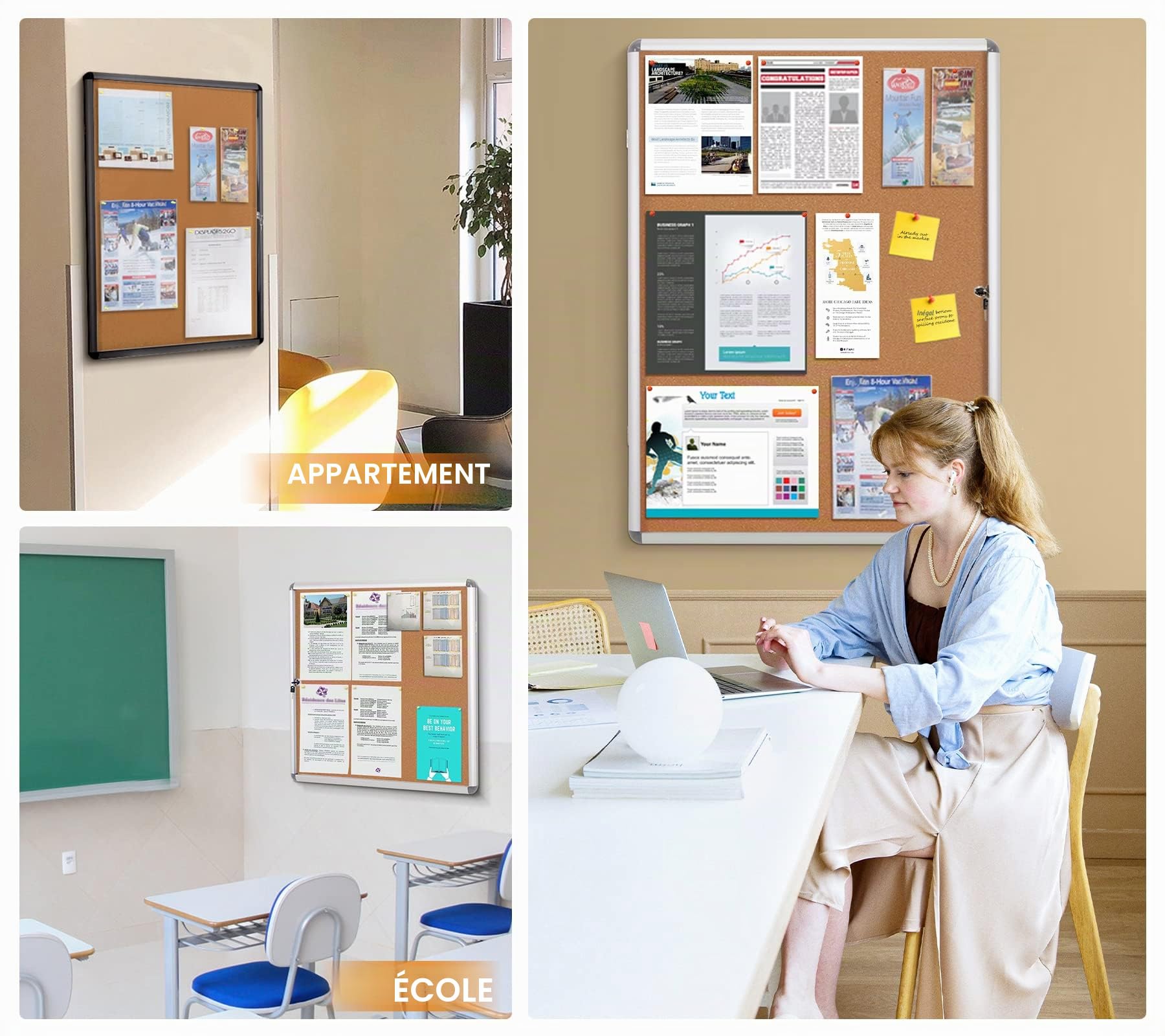 SWANCROWN Tableau d'affichage, 9 x A4, mural, Vitrine affichage, 98x72cm | Version évoluée, en liège, verrouillable, interieur, à 3 clés 36 punaises, cadre en aluminium argenté, idéal ecole restaurant