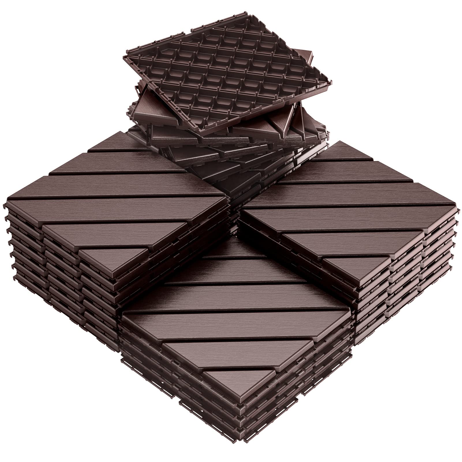 VANCASTLE Plastic Interlocking Deck Tiles, 12"x12"(Pack of 27), Patio Flooring Outdoor Waterproof All Weather Use, Outdoor Flooring for Patio Garden Poolside Front/Back Yard, Dark Brown-Straight