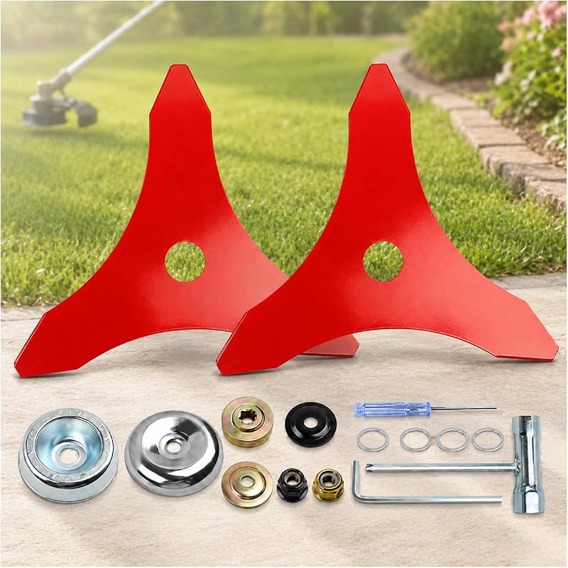 2PCS 3-Teeth Brush Cutter Blades for EGO PH1400 Power Head + BCA1200 Brush Cutter Attachment, 8.86 Inch Steel Weed Eater Blade with Hardware Kit, 0.98 Inch Arbor for Grass Weeds