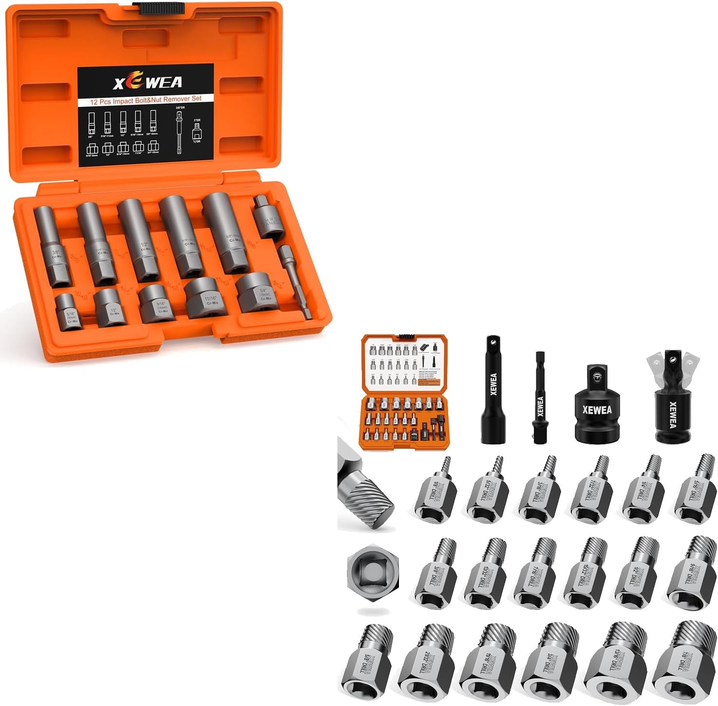 XEWEA 34PCS Bolt & Screw Extractor and Remover Set, 3/8" Drive Multi-Spline & Spiral Deep Bolt Extractor Kit with Adapters, Extension Bar & Universal Joint – CR-MO Steel, Removes Damaged, Rusted or St