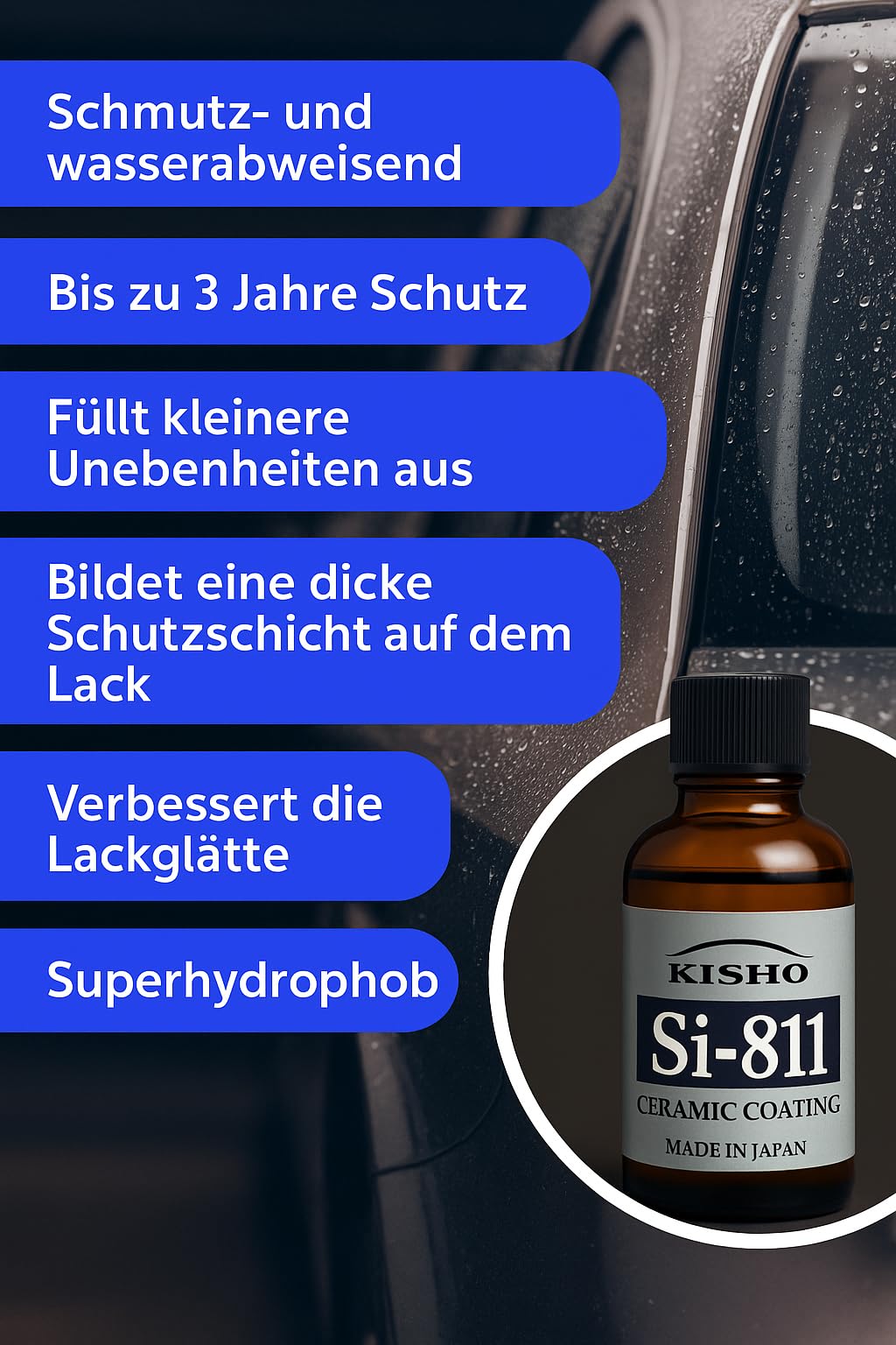 Kisho SI-811 Kompletny zestaw do powłoki ceramicznej, 30 ml, profesjonalna ochrona samochodu z aplikatorem i ściereczkami z mikrofibry, hydrofobowa, 3-letnia ochrona