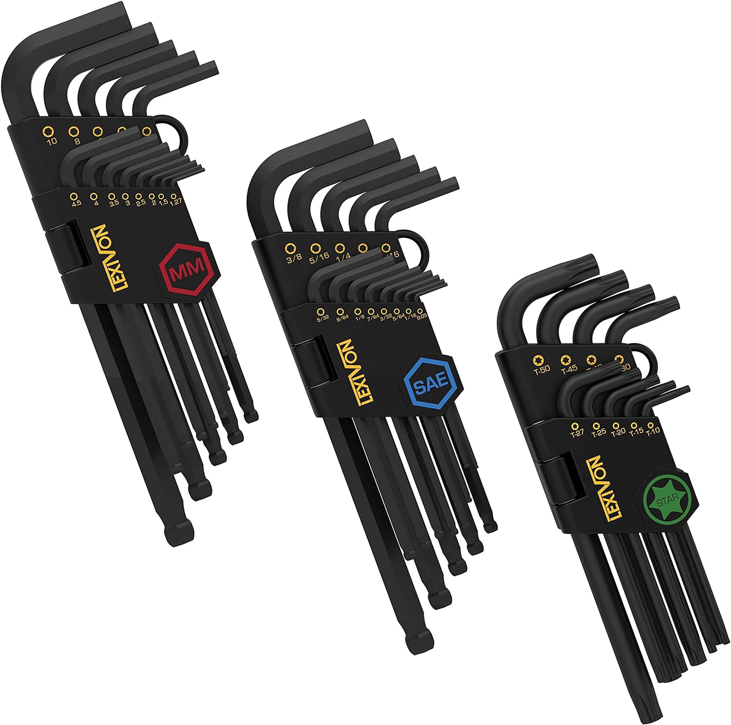 LEXIVON Jeu de 35 Clés Allen Métrique Hexagonal Torx et SAE, Clé Allen Manche Long Mâles pour vis à six pans creux, Métriques: 1,27 à 10mm Impériales Clés: 0.05 à 3/8", Torx: T10 à T50 (LX-131)