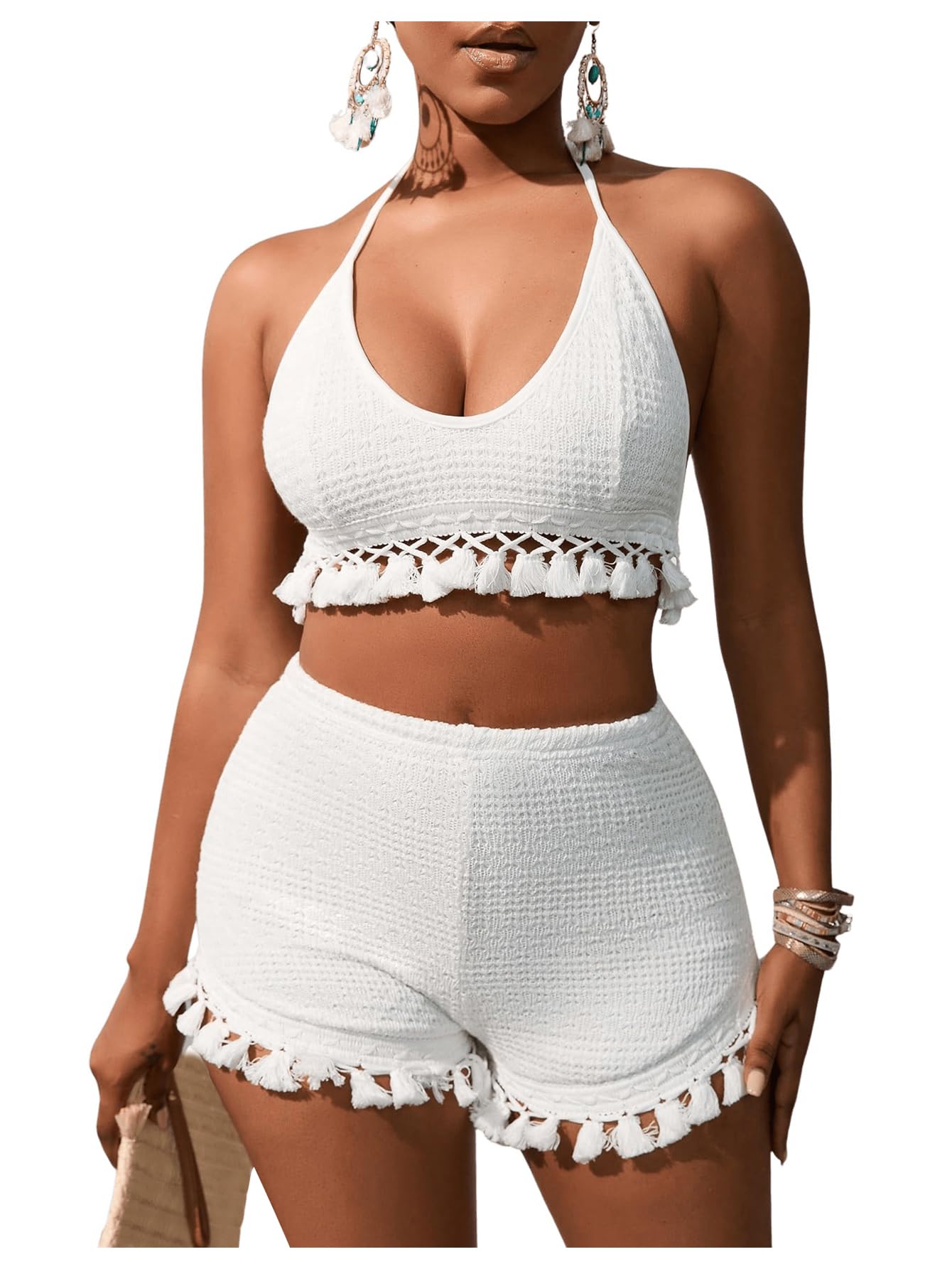 Womens 2 Piece Outfits Tassel Trim Backless Halter Crop Top and Elastic Waist Shorts Sets