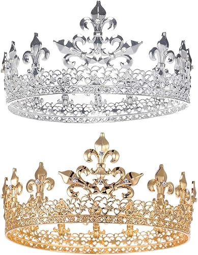 Corona de rey redonda completa dorada y plateada para fiesta de graduación, accesorios para el cabello, tiaras de metal, sombreros para concursos de