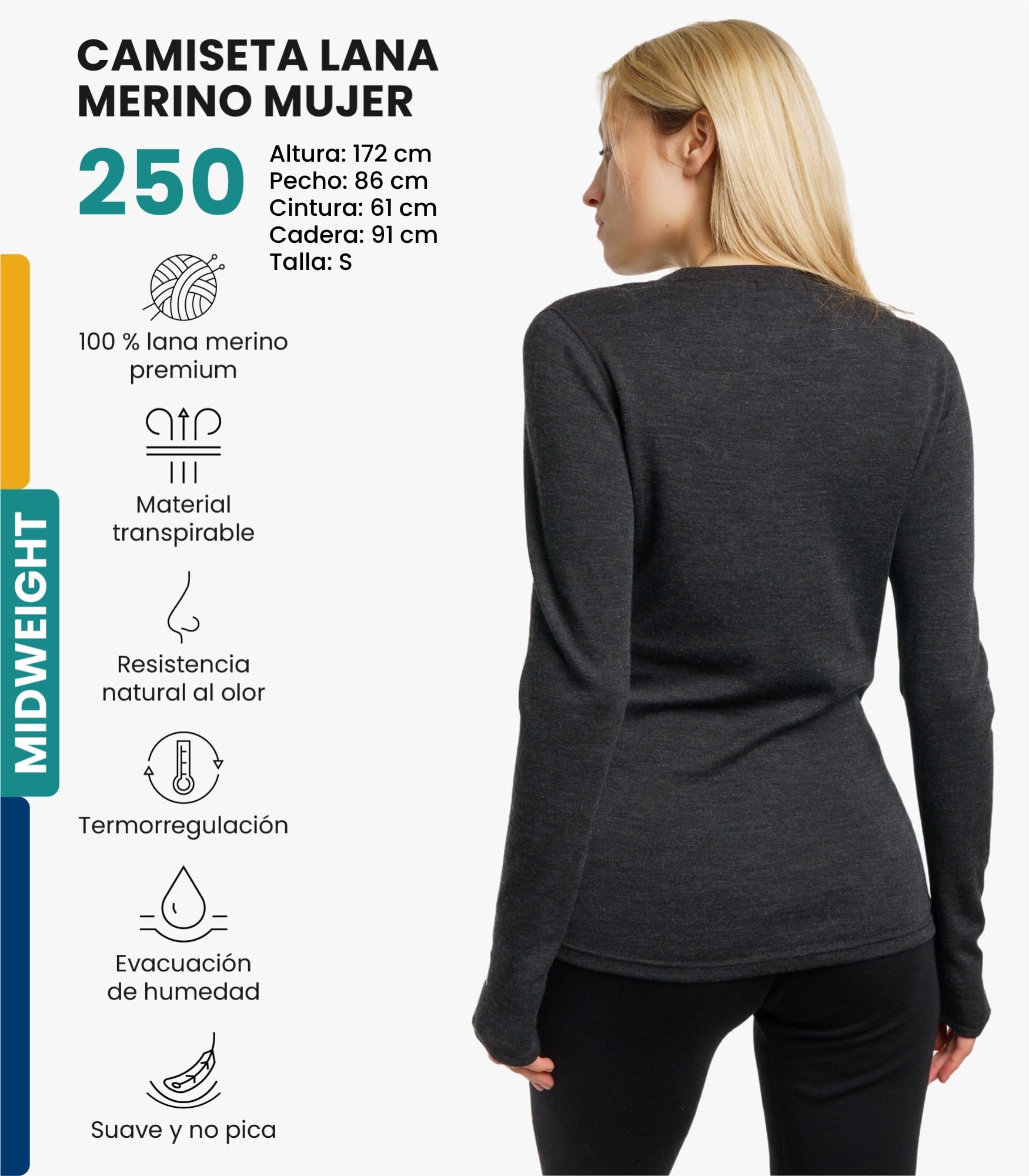 Merino.tech Camiseta Termica Lana Merino Mujer - Ropa Térmica + Calcetines | Capa base para todo el año (diario, deporte y outdoor). Antiolores, no pica